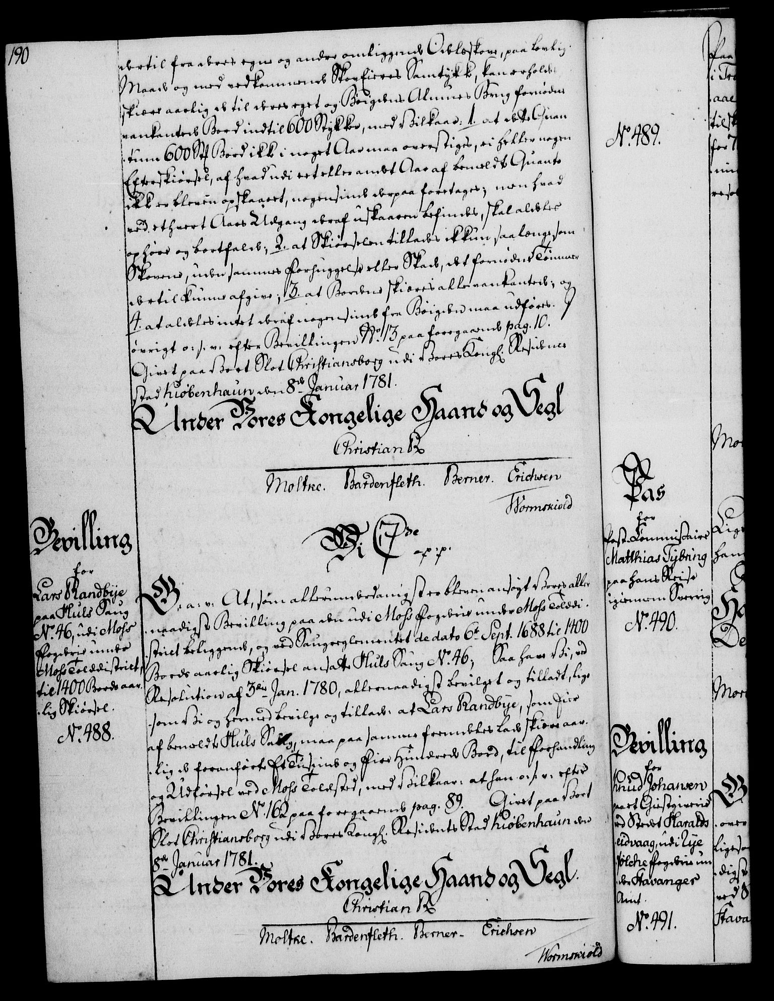 Rentekammeret, Kammerkanselliet, RA/EA-3111/G/Gg/Gga/L0011: Norsk ekspedisjonsprotokoll med register (merket RK 53.11), 1779-1781, p. 190