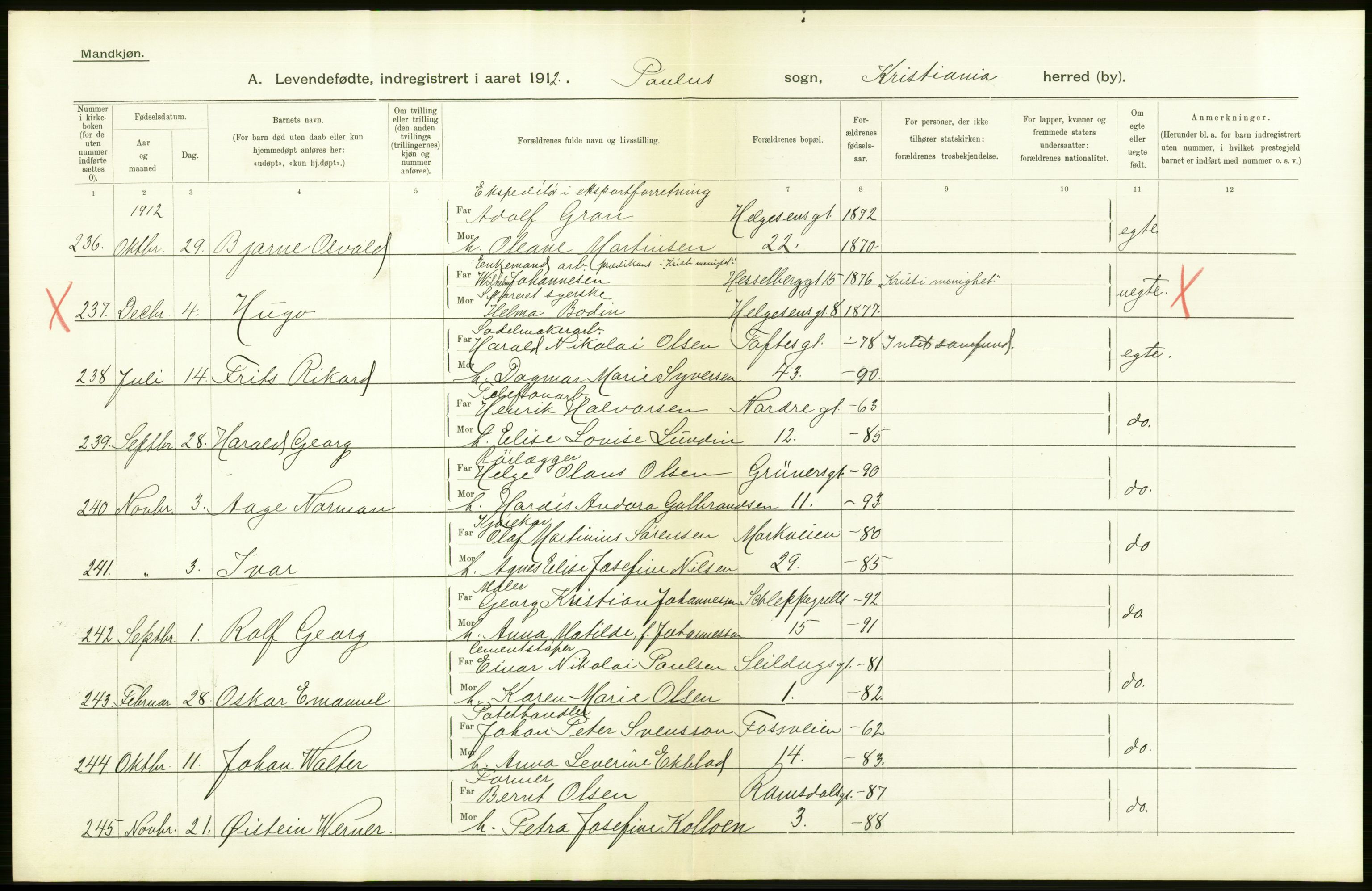 Statistisk sentralbyrå, Sosiodemografiske emner, Befolkning, RA/S-2228/D/Df/Dfb/Dfbb/L0006: Kristiania:  Levendefødte menn og kvinner., 1912, p. 158