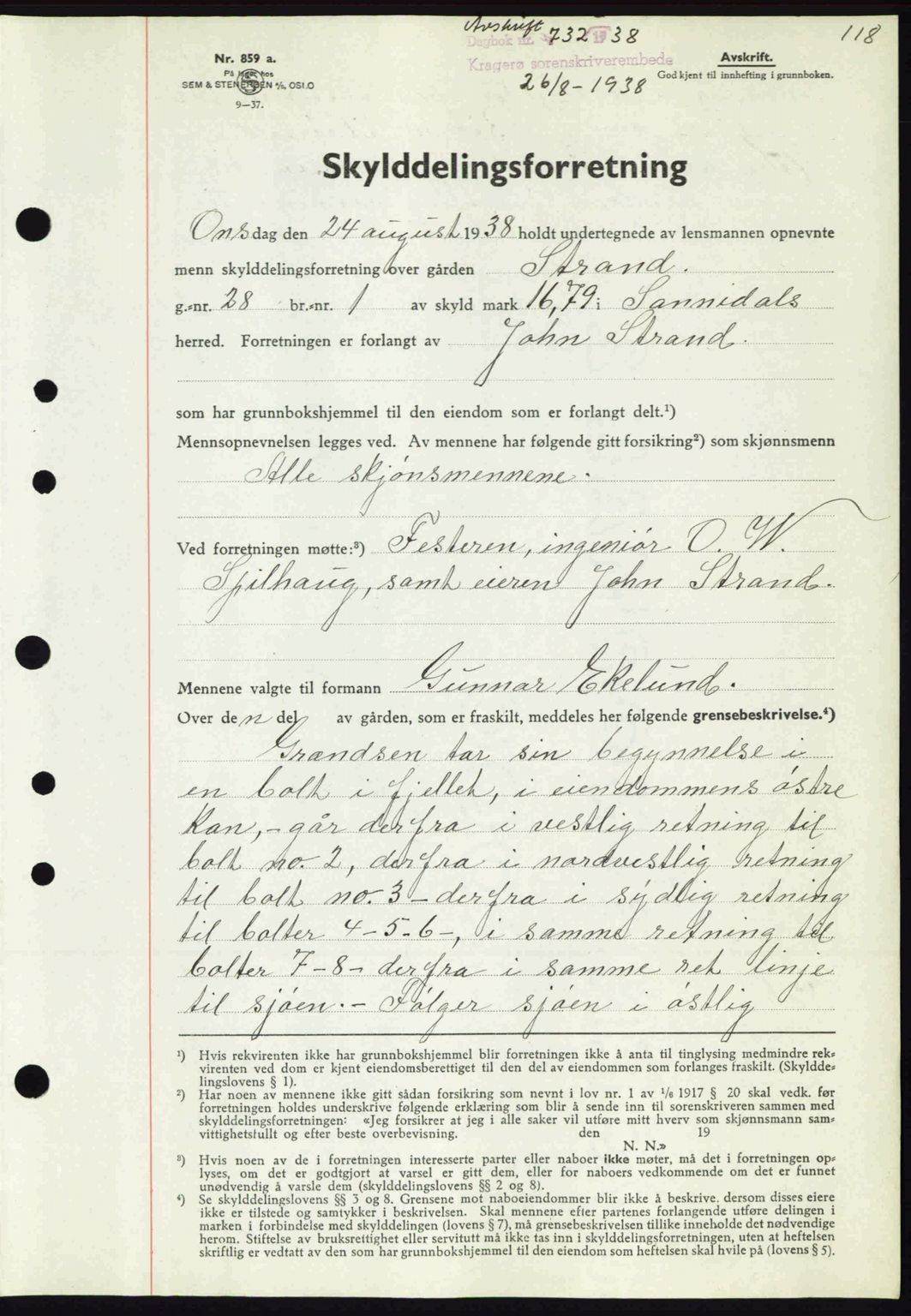 Kragerø sorenskriveri, AV/SAKO-A-65/G/Ga/Gab/L0050: Mortgage book no. 50, 1938-1939, Diary no: : 732/1938