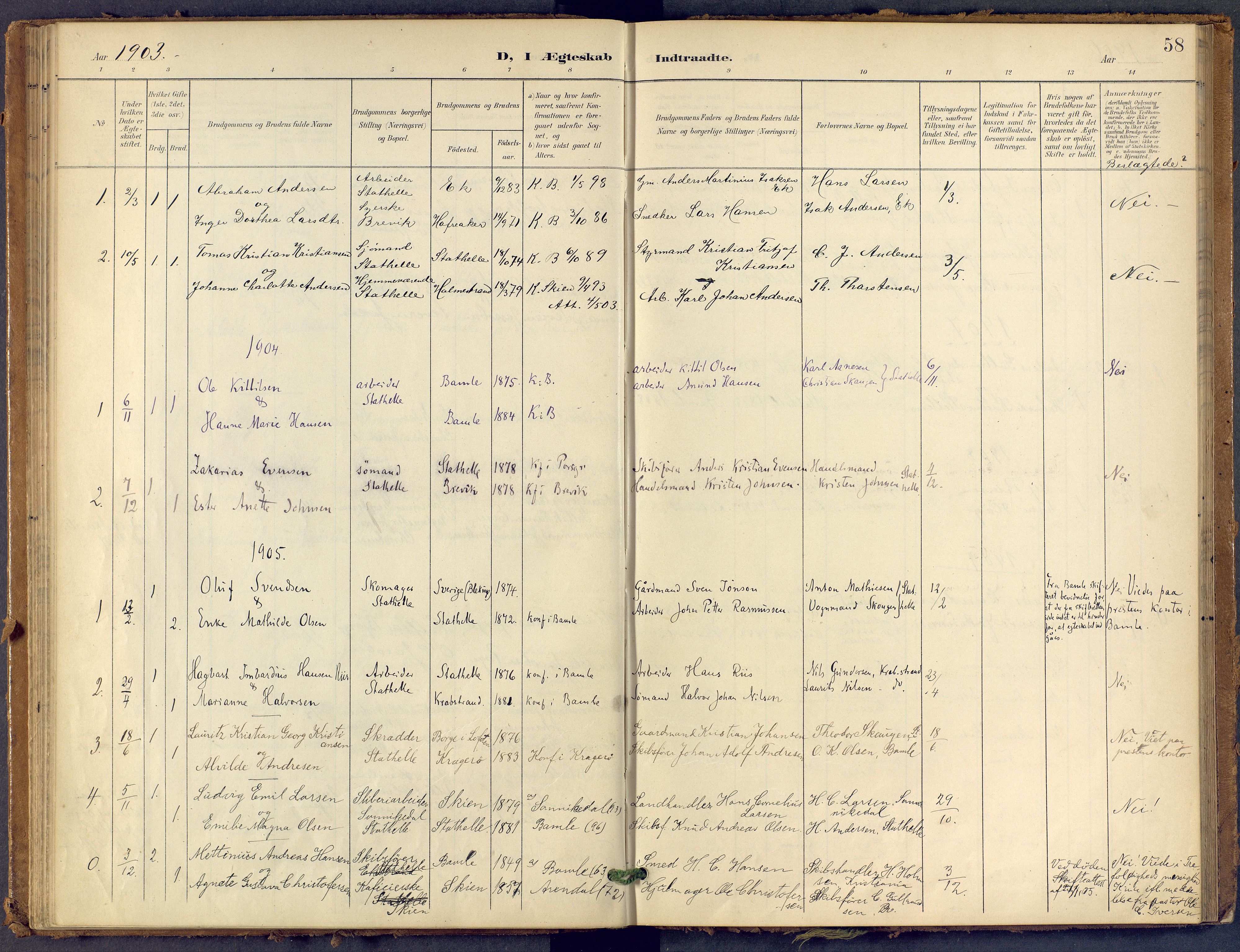 Bamble kirkebøker, SAKO/A-253/F/Fb/L0002: Parish register (official) no. II 2, 1900-1921, p. 58
