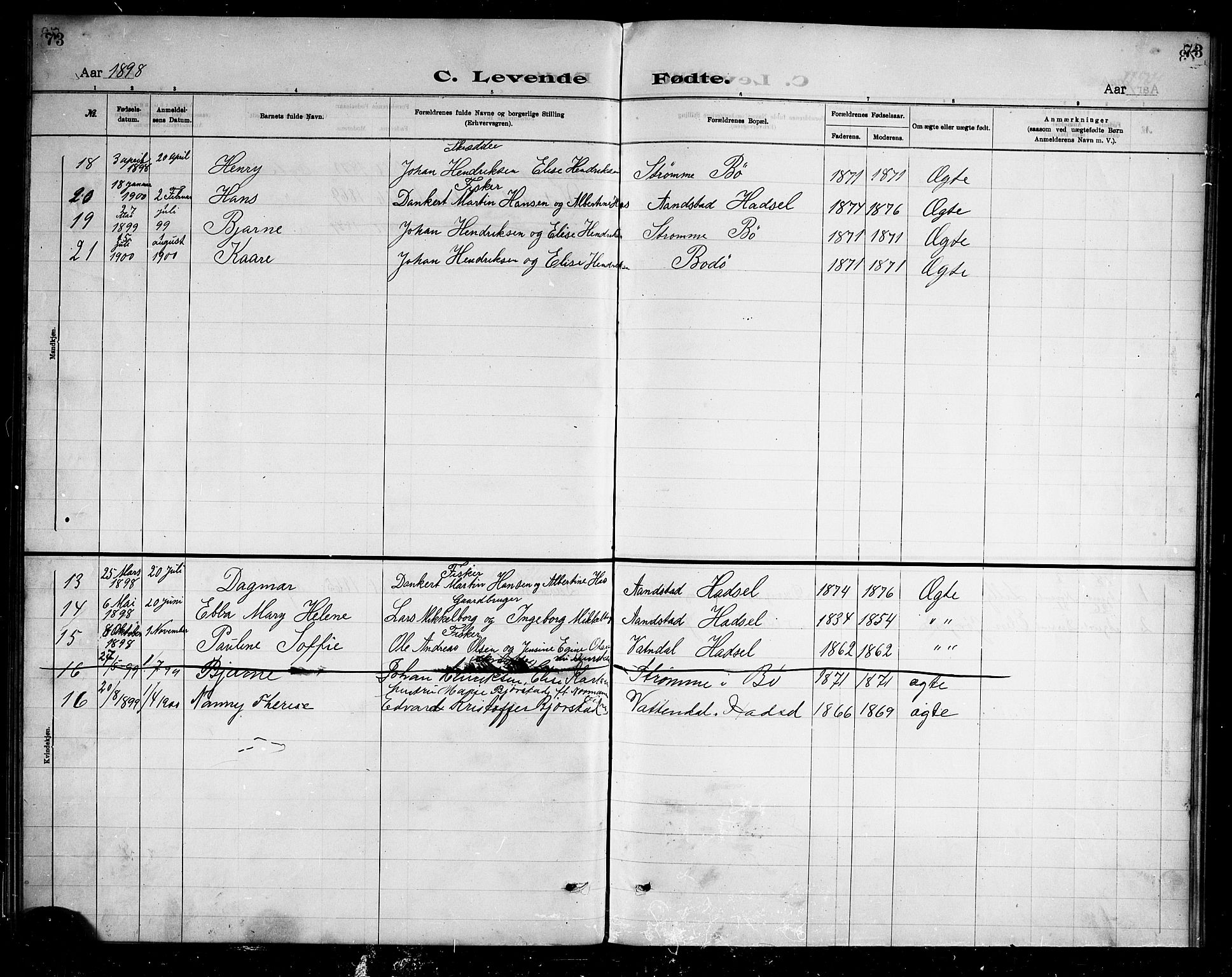 Ministerialprotokoller, klokkerbøker og fødselsregistre - Nordland, AV/SAT-A-1459/888/L1274: Dissenter register no. 888D01, 1889-1902, p. 73