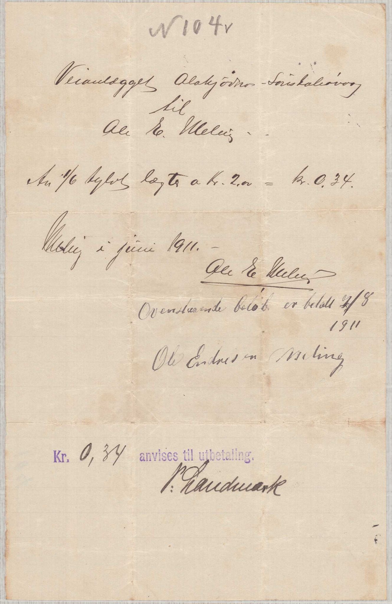 Finnaas kommune. Formannskapet, IKAH/1218a-021/E/Ea/L0001/0006: Rekneskap for veganlegg / Rekneskap for veganlegget Sønstabø - Olakjødn, 1909-1914, p. 84