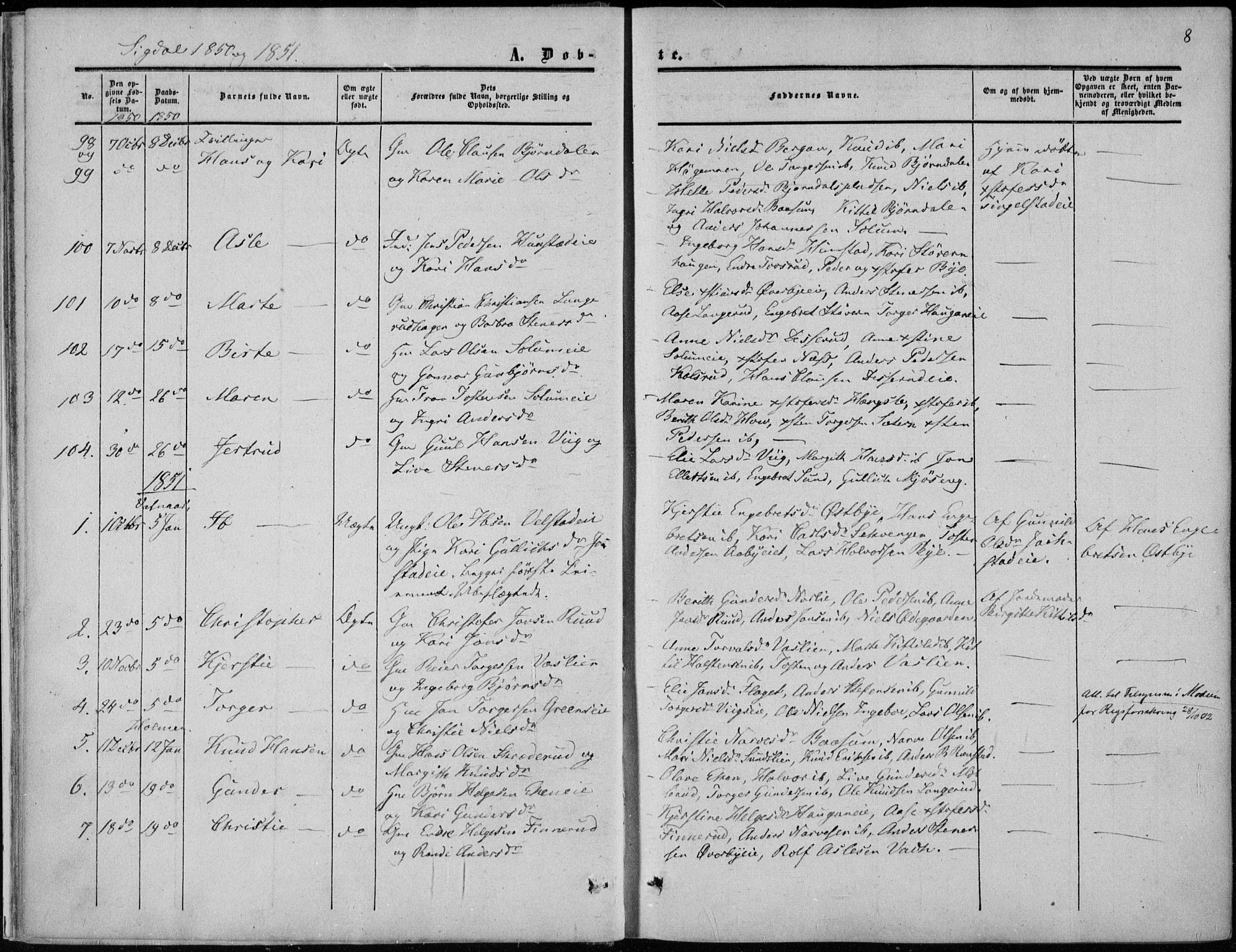 Sigdal kirkebøker, AV/SAKO-A-245/F/Fa/L0008: Parish register (official) no. I 8, 1850-1859, p. 8