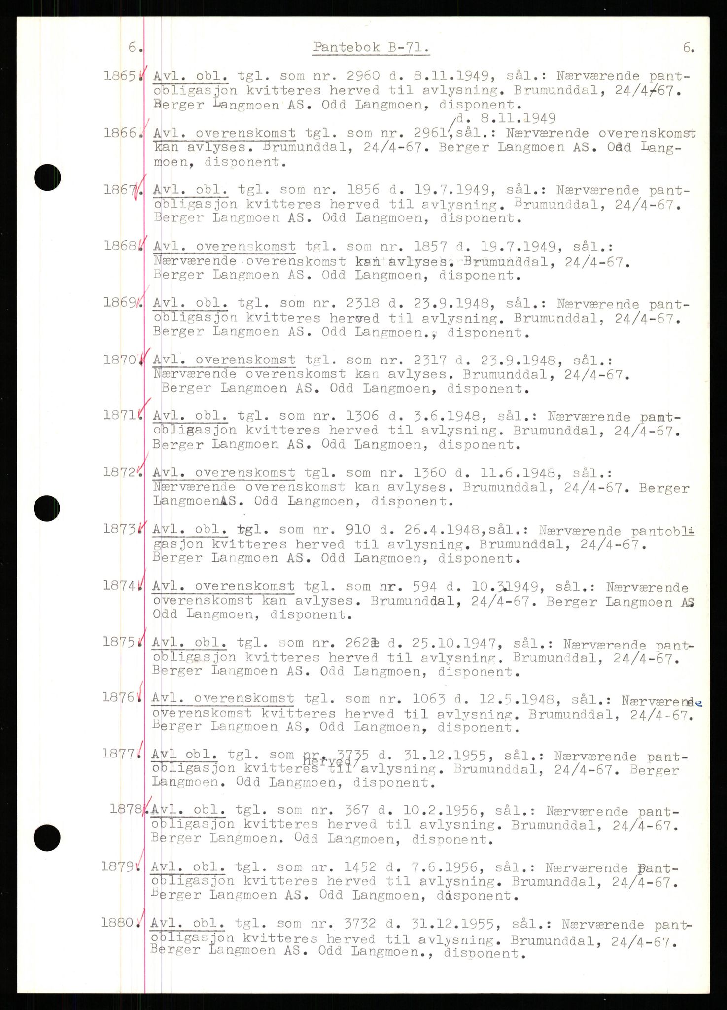 Nord-Hedmark sorenskriveri, SAH/TING-012/H/Hb/Hbf/L0071: Mortgage book no. B71, 1967-1967, Diary no: : 1865/1967
