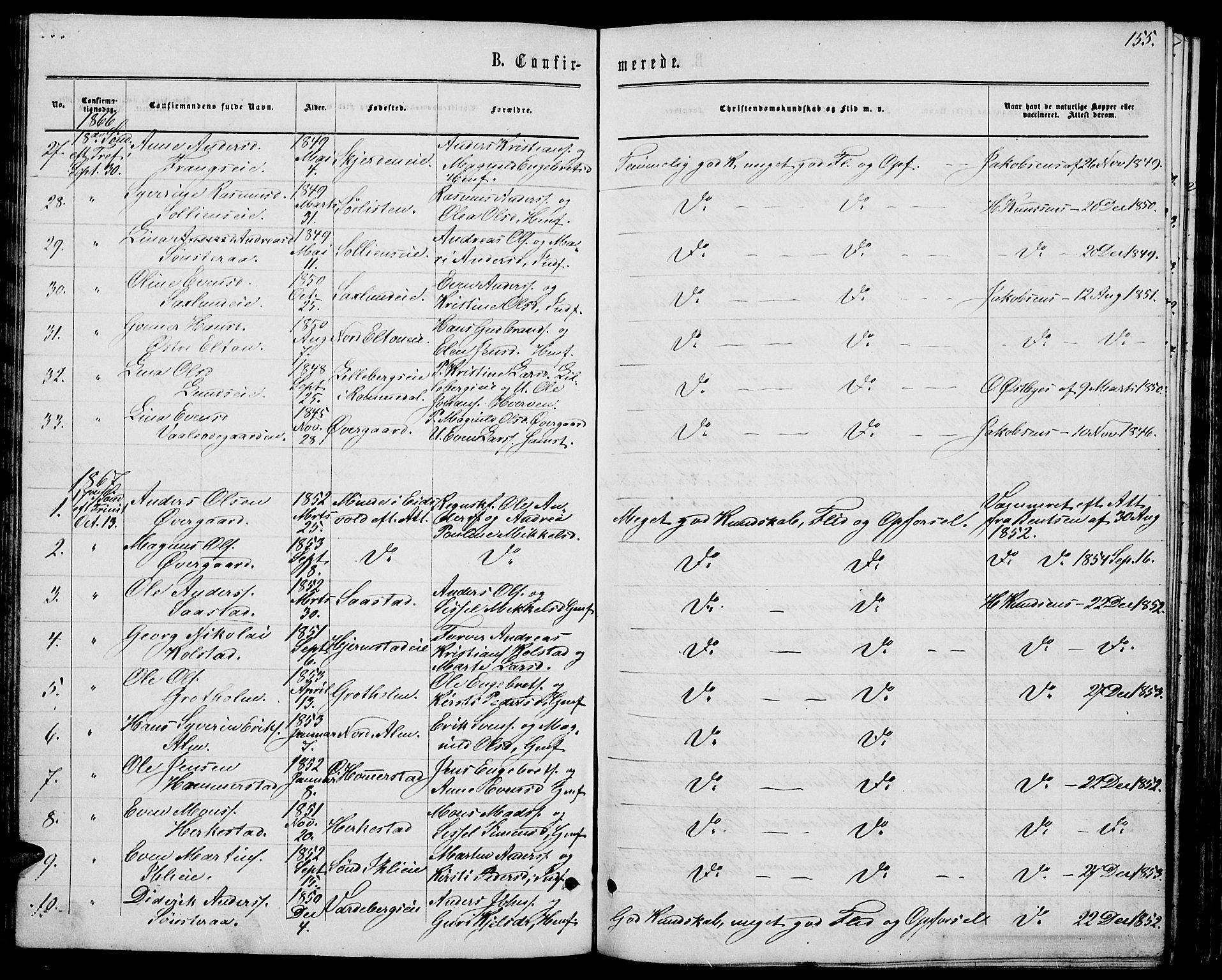 Stange prestekontor, AV/SAH-PREST-002/L/L0006: Parish register (copy) no. 6, 1864-1882, p. 155