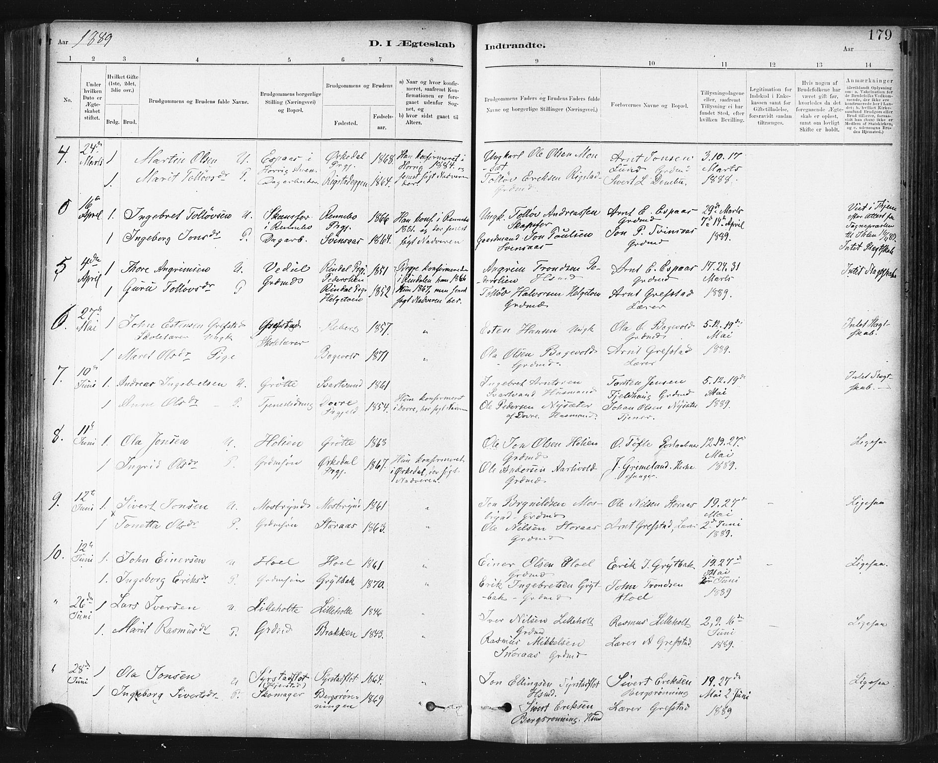 Ministerialprotokoller, klokkerbøker og fødselsregistre - Sør-Trøndelag, SAT/A-1456/672/L0857: Parish register (official) no. 672A09, 1882-1893, p. 179