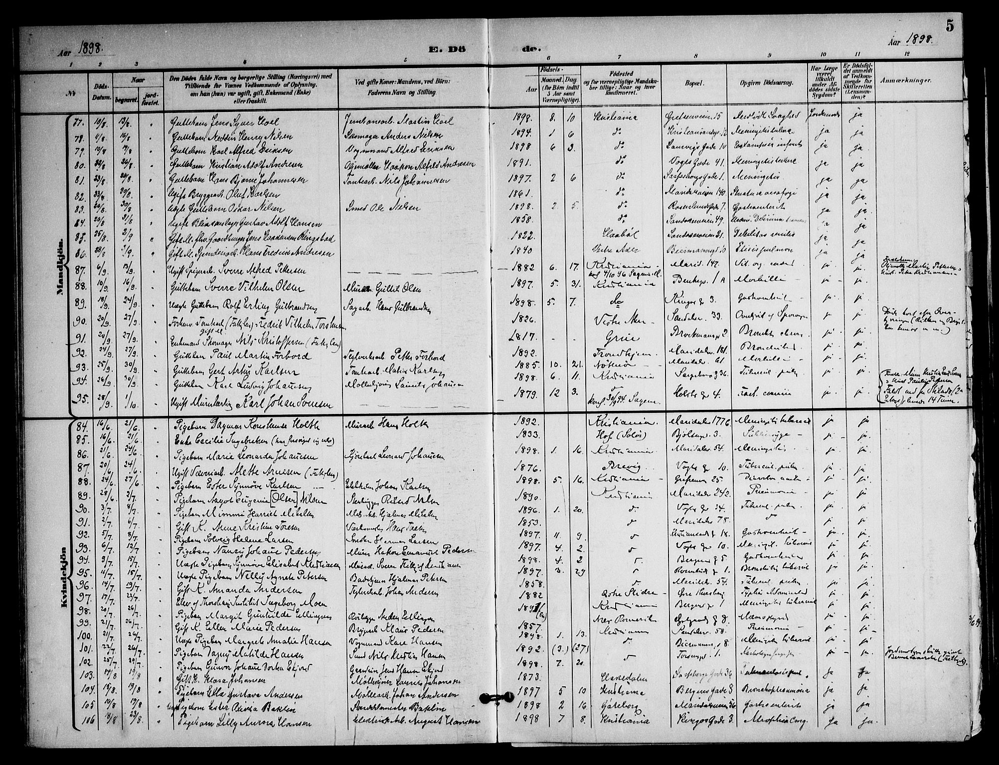 Sagene prestekontor Kirkebøker, AV/SAO-A-10796/F/L0006: Parish register (official) no. 6, 1898-1923, p. 5