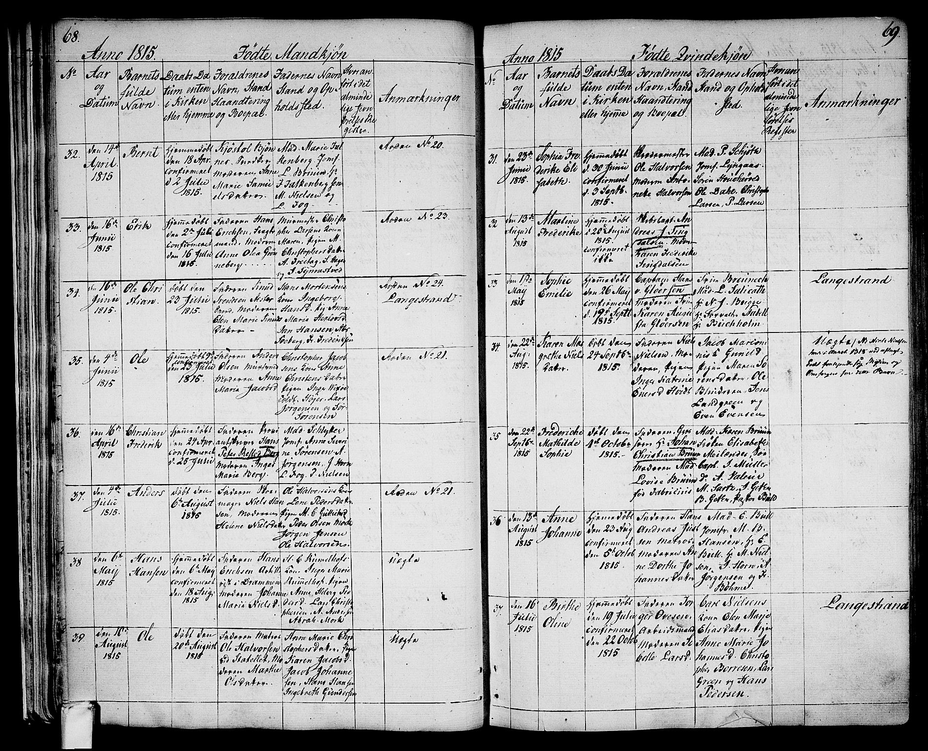 Larvik kirkebøker, SAKO/A-352/G/Ga/L0002: Parish register (copy) no. I 2, 1807-1830, p. 68-69