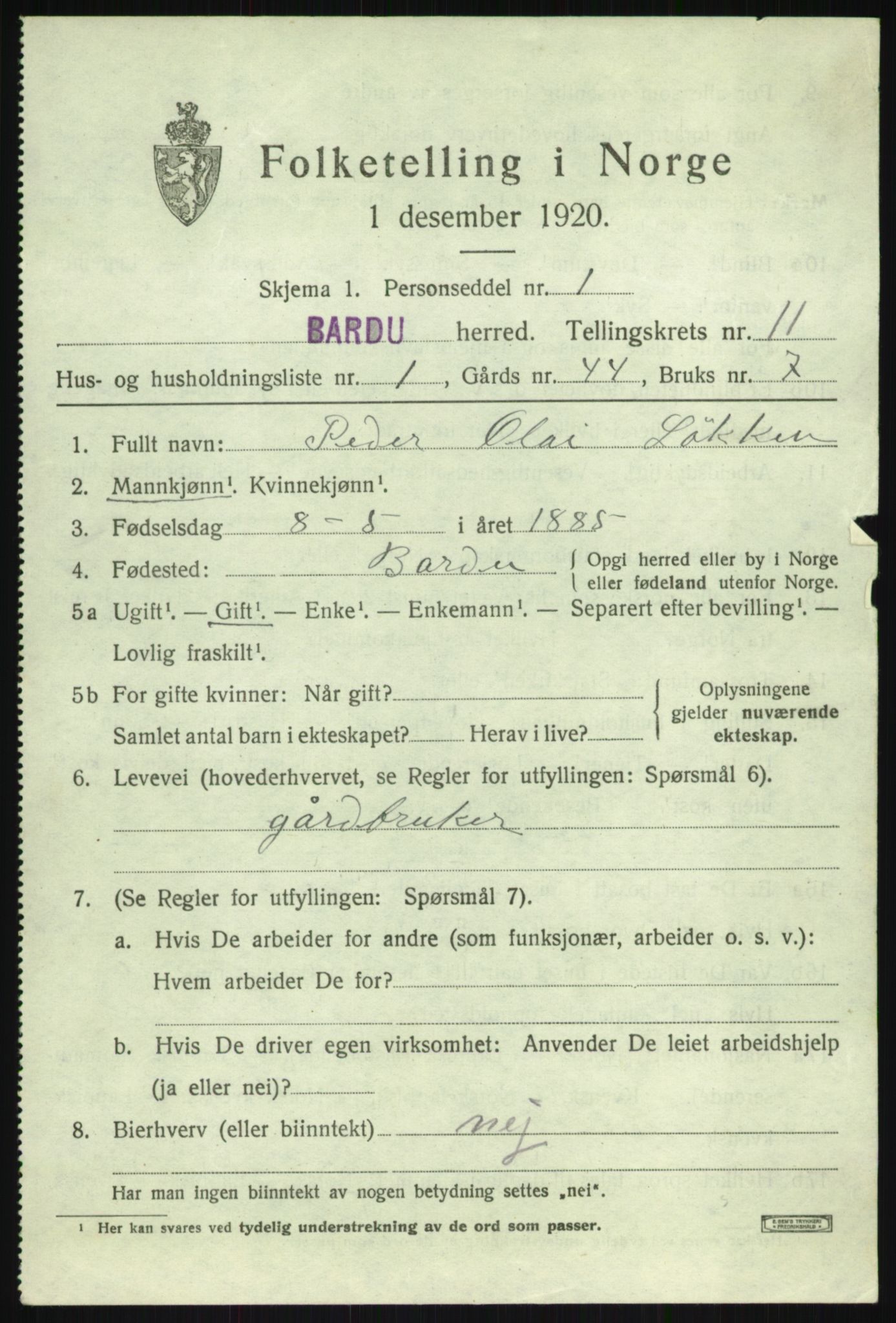 SATØ, 1920 census for Bardu, 1920, p. 3487