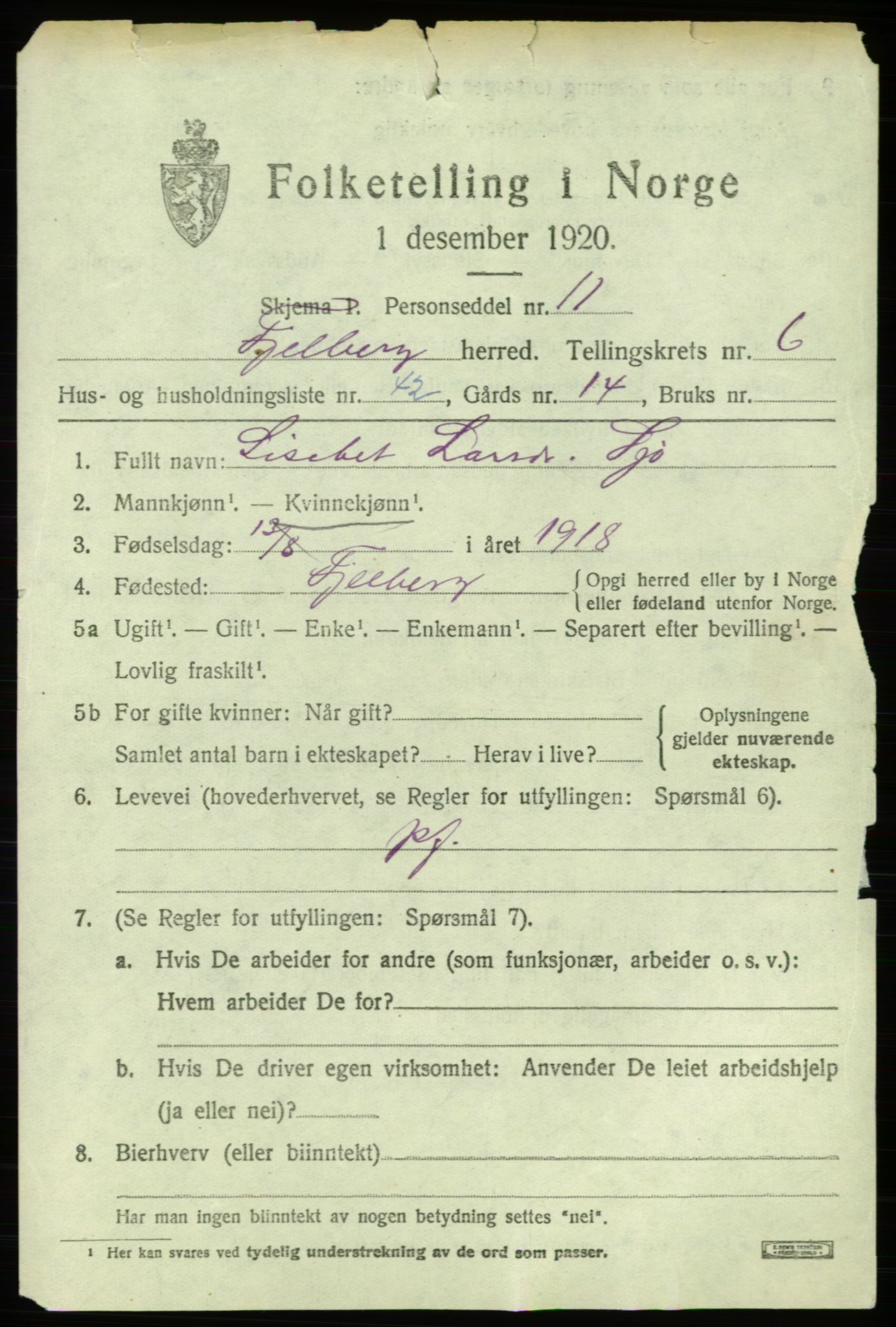 SAB, 1920 census for Fjelberg, 1920, p. 2737