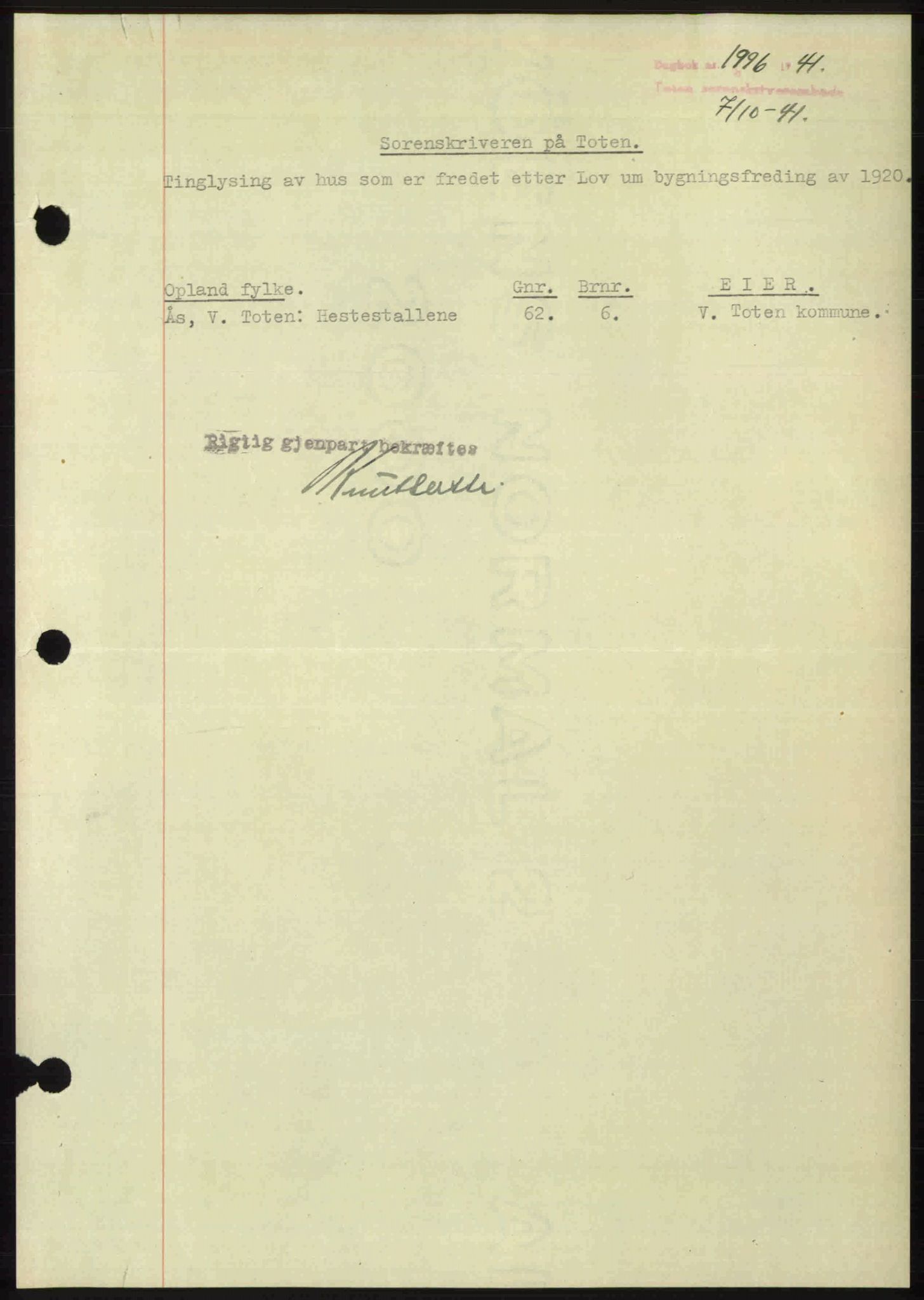 Toten tingrett, SAH/TING-006/H/Hb/Hbc/L0008: Mortgage book no. Hbc-08, 1941-1941, Diary no: : 1996/1941