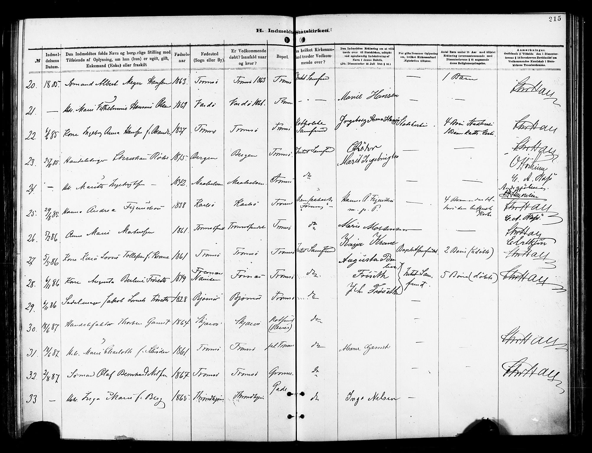 Tromsø sokneprestkontor/stiftsprosti/domprosti, SATØ/S-1343/G/Ga/L0014kirke: Parish register (official) no. 14, 1878-1888, p. 215