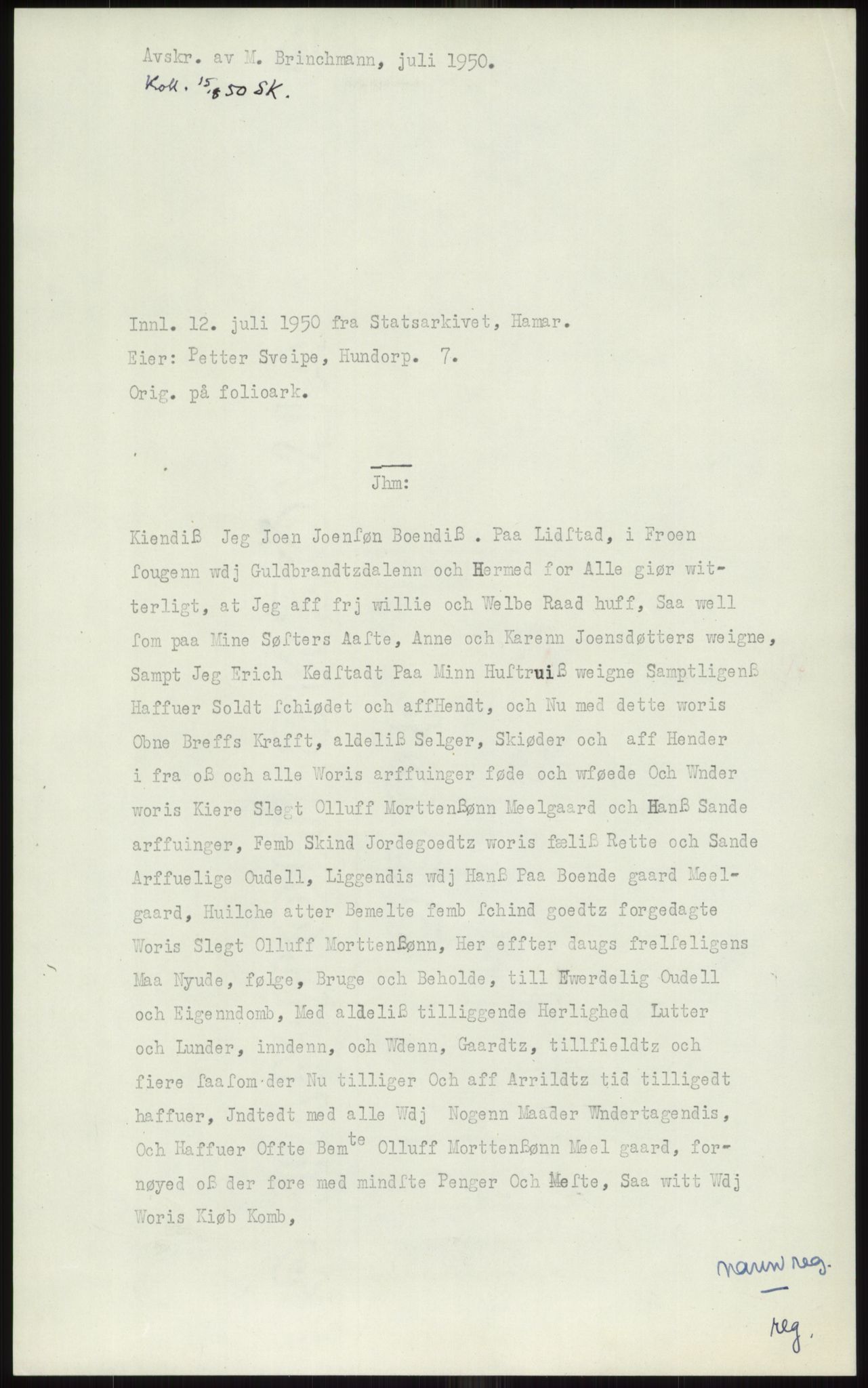 Samlinger til kildeutgivelse, Diplomavskriftsamlingen, AV/RA-EA-4053/H/Ha, p. 125