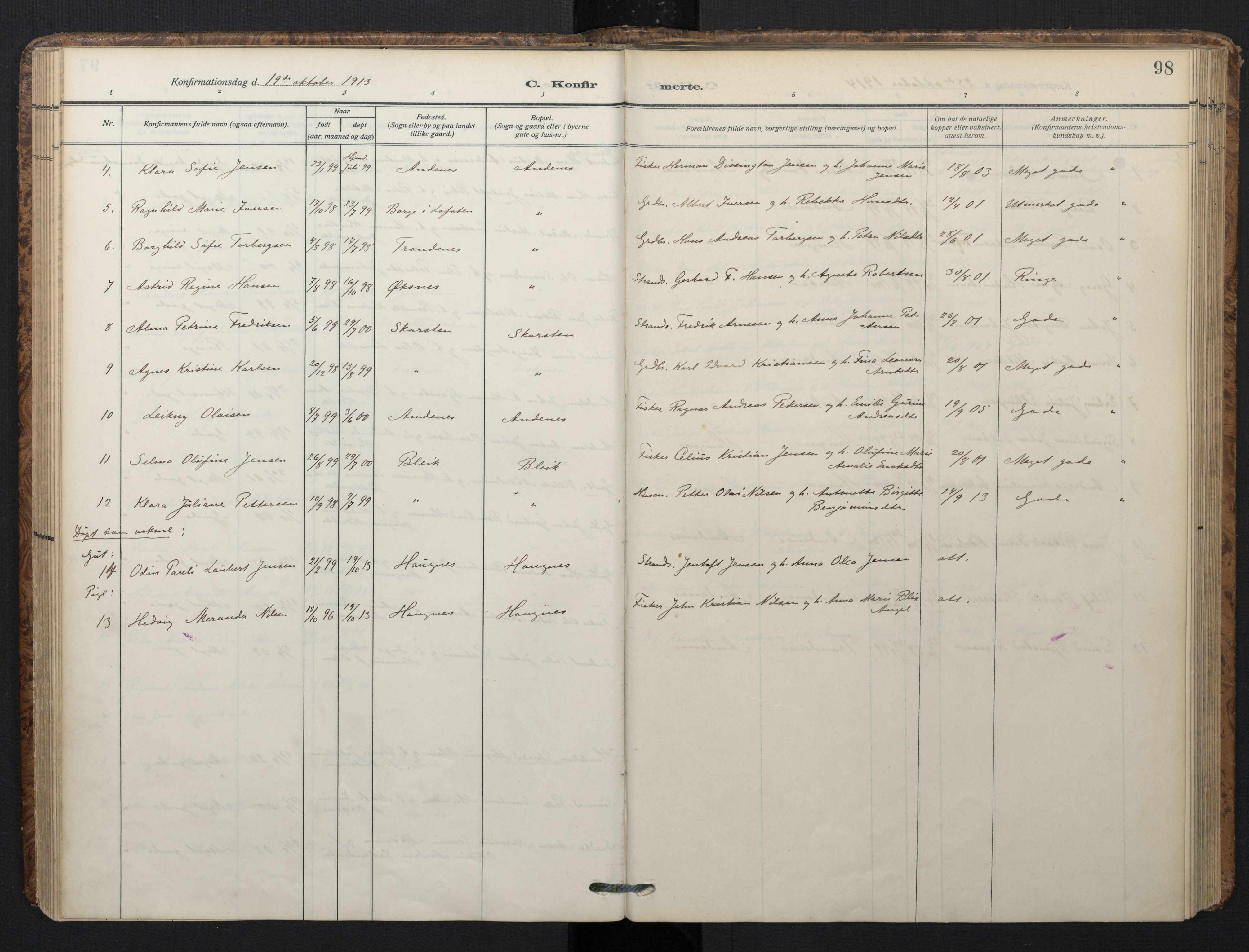 Ministerialprotokoller, klokkerbøker og fødselsregistre - Nordland, AV/SAT-A-1459/899/L1438: Parish register (official) no. 899A06, 1909-1922, p. 98