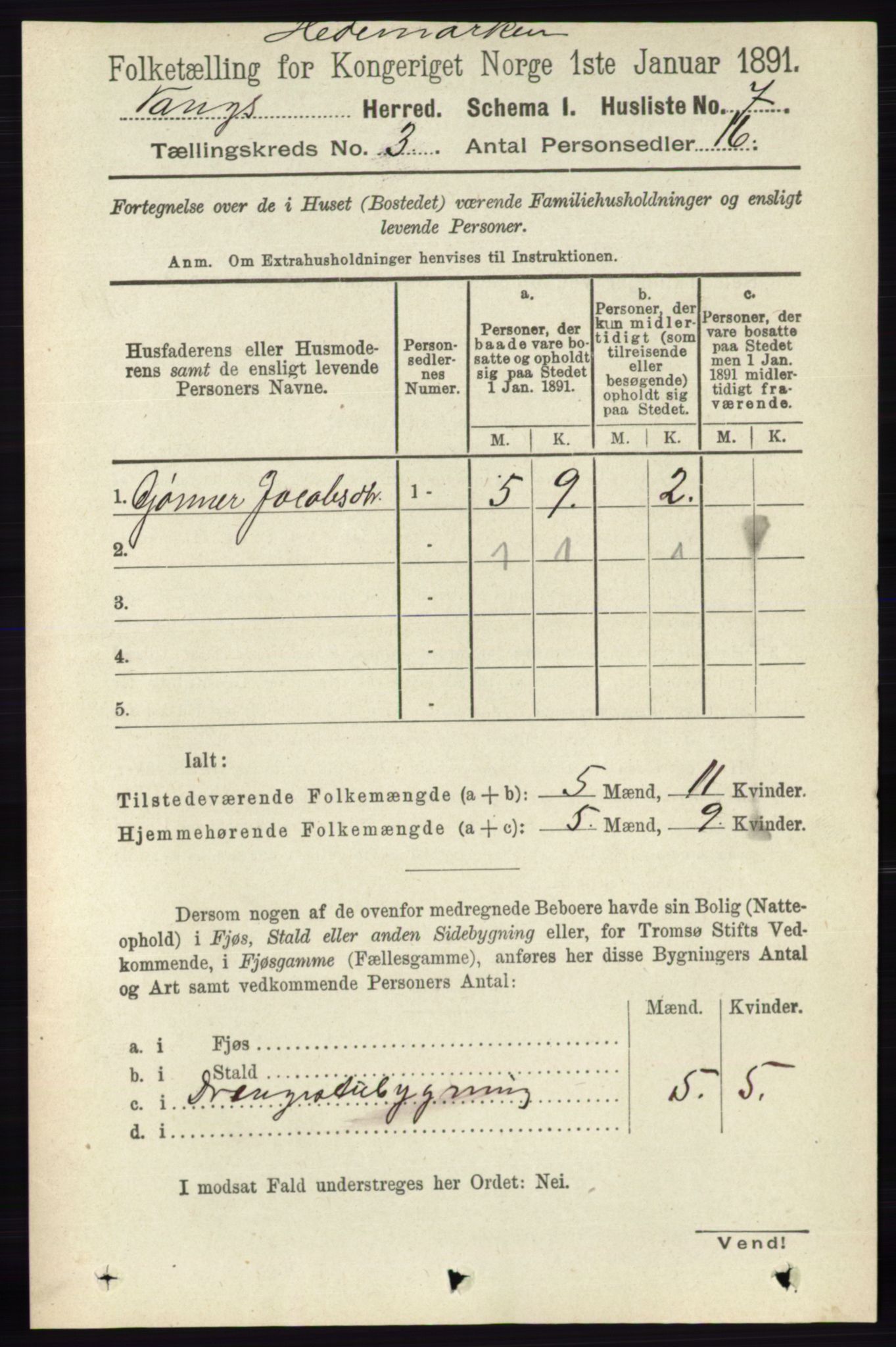 RA, 1891 census for 0414 Vang, 1891, p. 1756