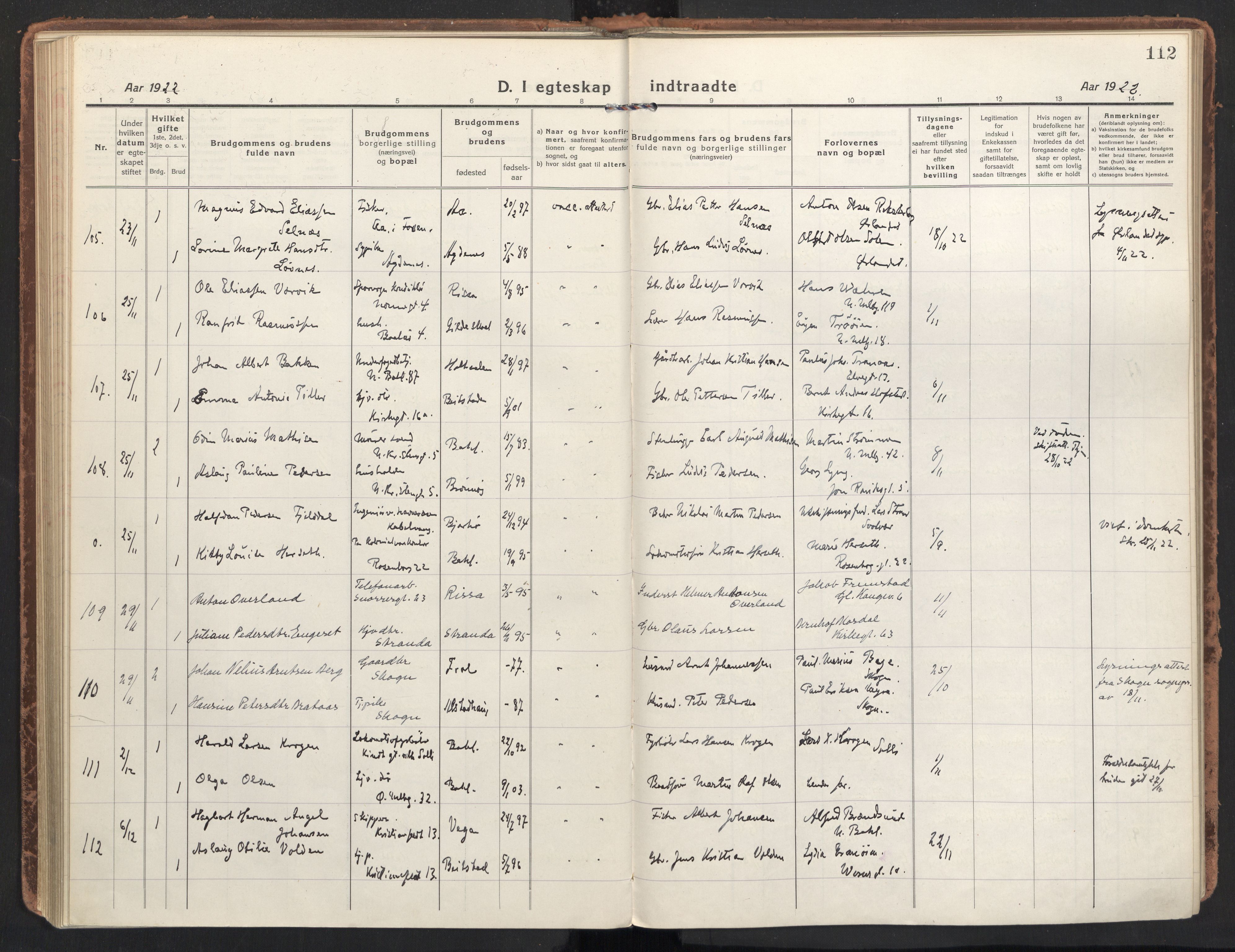 Ministerialprotokoller, klokkerbøker og fødselsregistre - Sør-Trøndelag, AV/SAT-A-1456/604/L0206: Parish register (official) no. 604A26, 1917-1931, p. 112