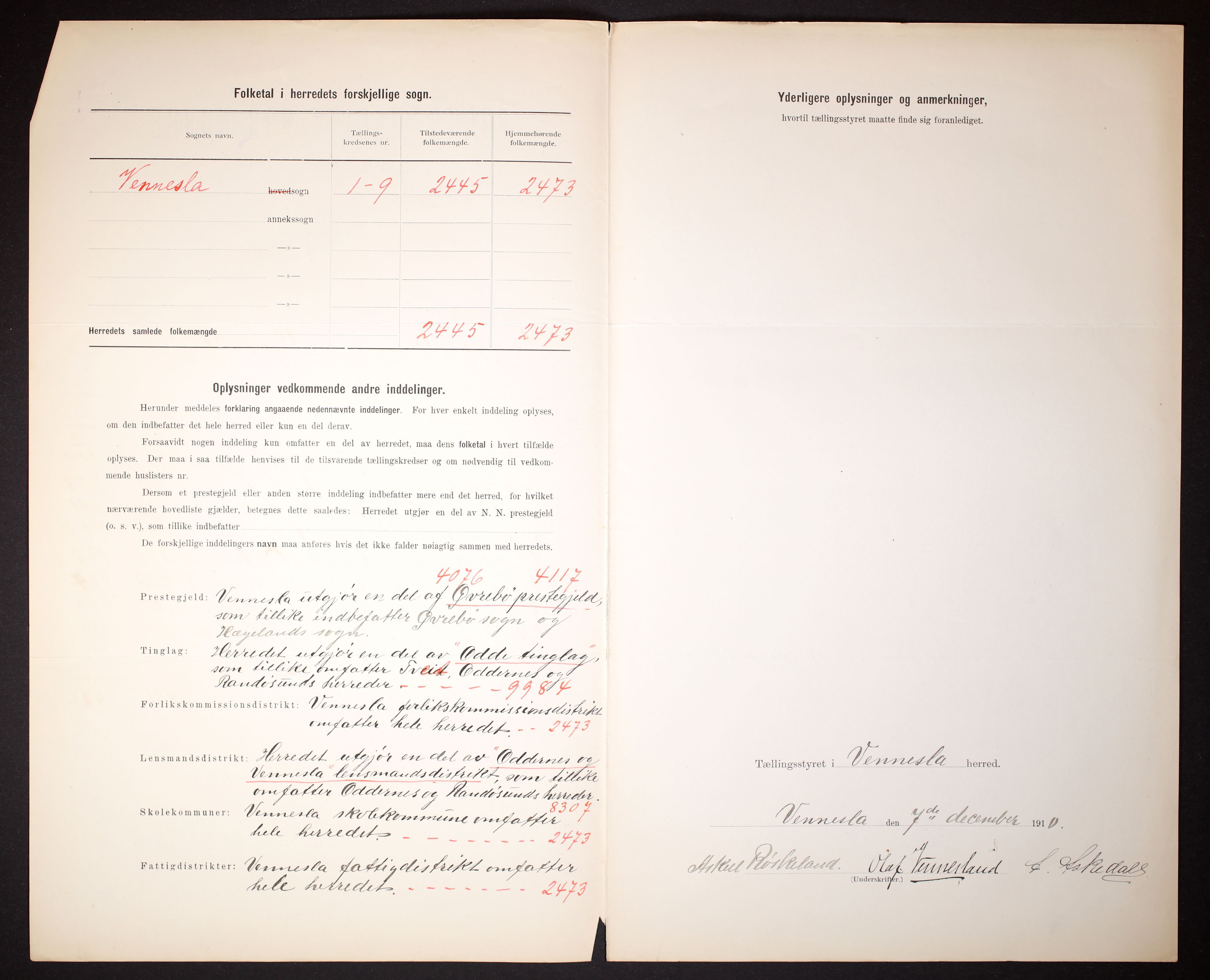 RA, 1910 census for Vennesla, 1910, p. 3