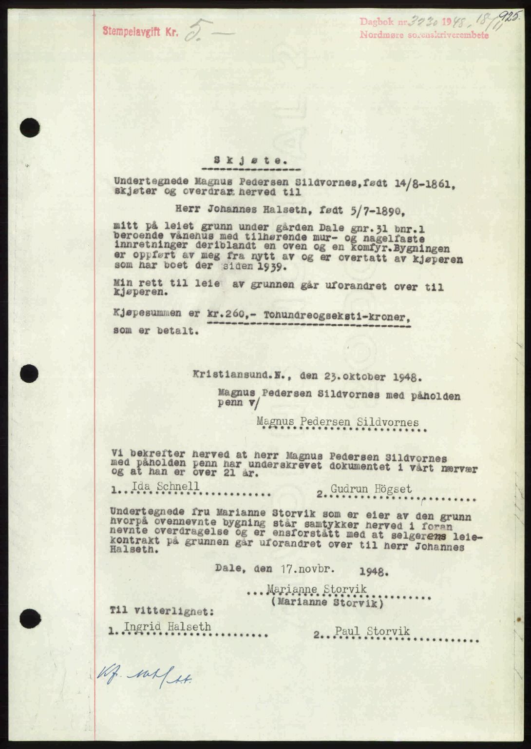 Nordmøre sorenskriveri, AV/SAT-A-4132/1/2/2Ca: Mortgage book no. A109, 1948-1948, Diary no: : 3230/1948