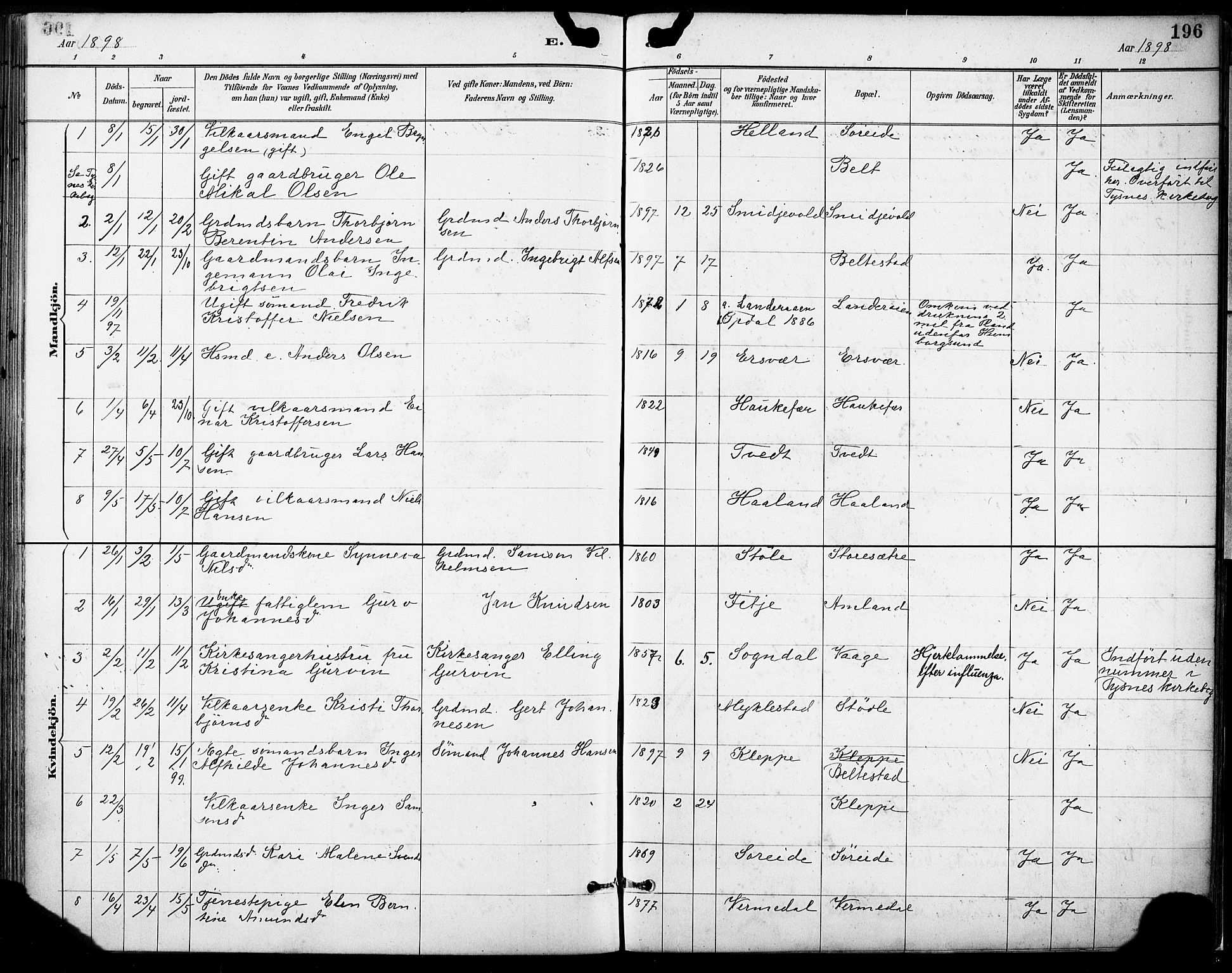 Tysnes sokneprestembete, SAB/A-78601/H/Haa: Parish register (official) no. D 1, 1887-1904, p. 196
