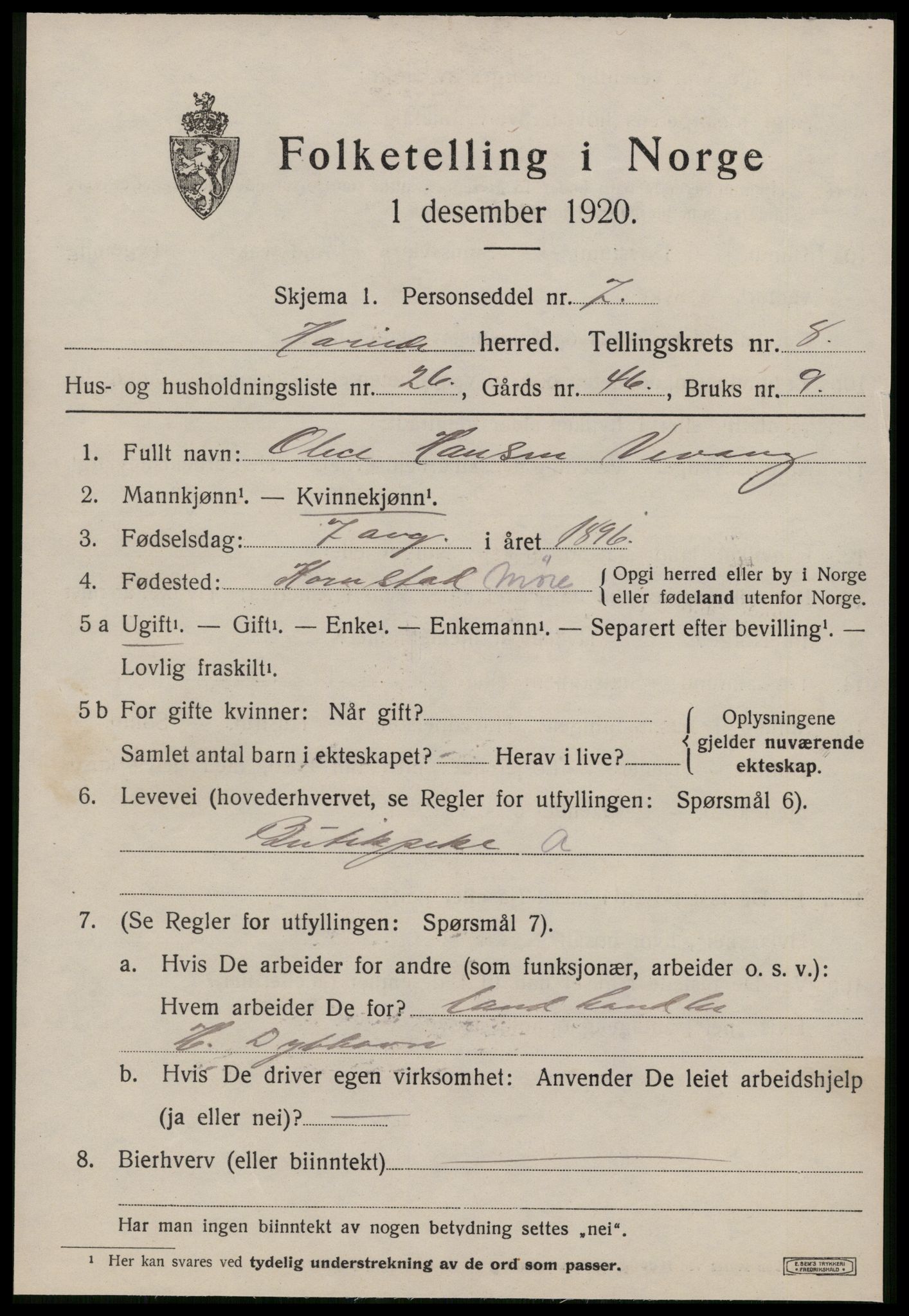 SAT, 1920 census for Hareid, 1920, p. 3157