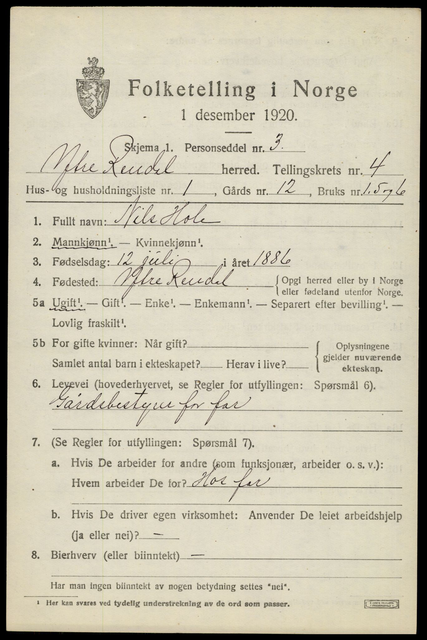 SAH, 1920 census for Ytre Rendal, 1920, p. 2053