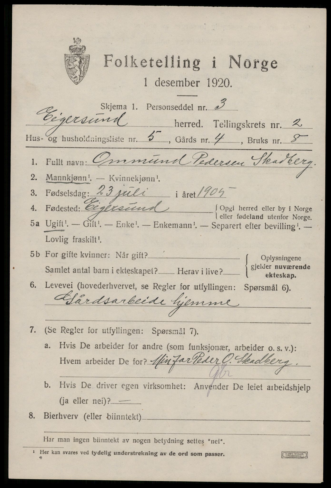 SAST, 1920 census for Eigersund, 1920, p. 1663