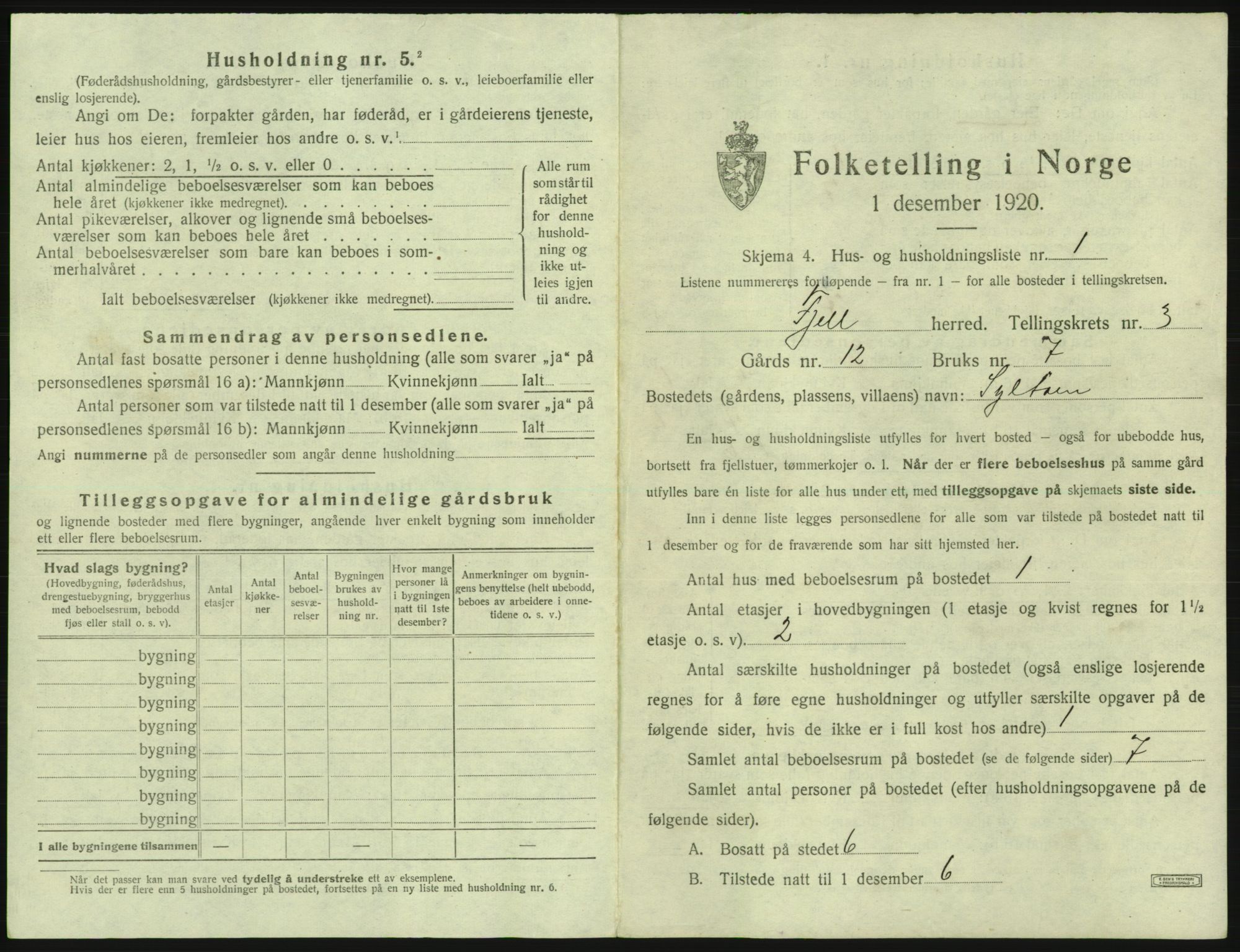 SAB, 1920 census for Fjell, 1920, p. 287