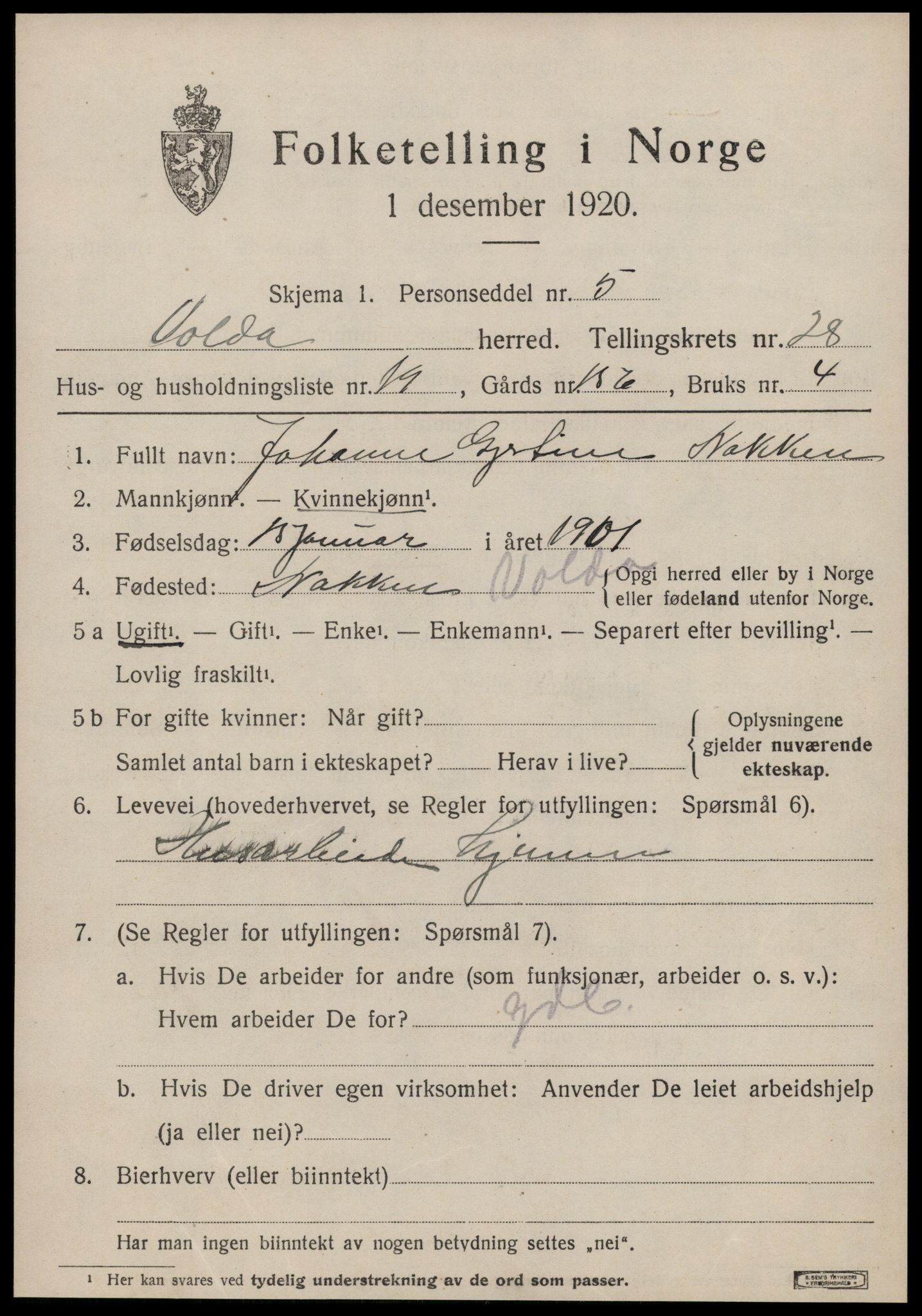 SAT, 1920 census for Volda, 1920, p. 13148