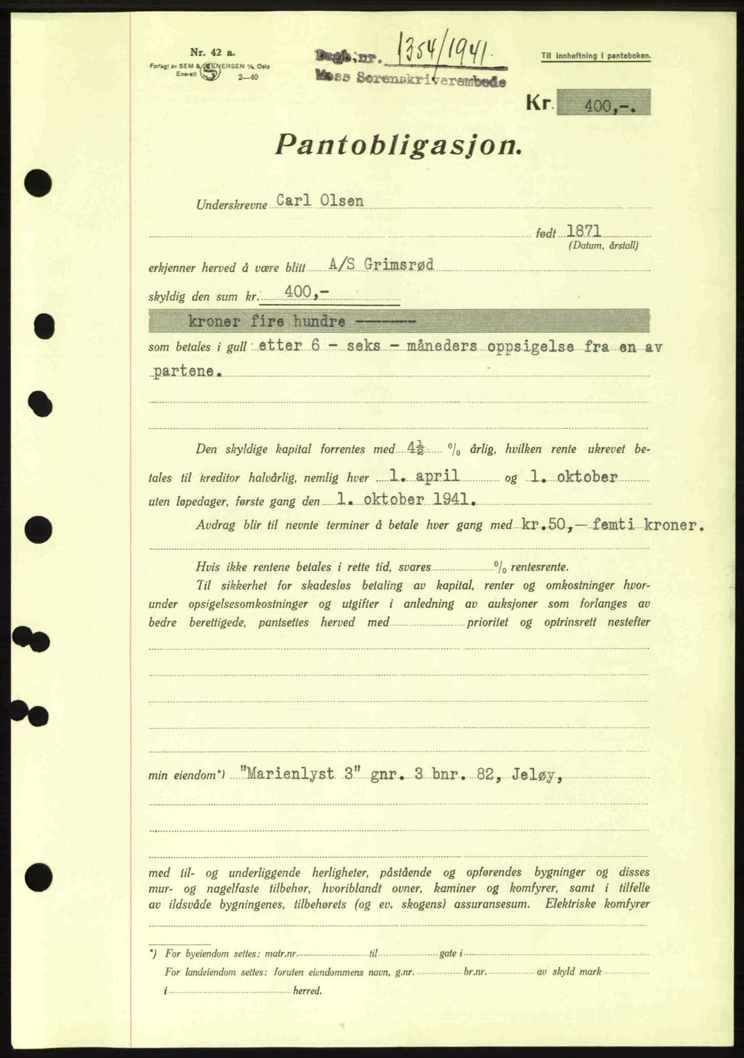 Moss sorenskriveri, AV/SAO-A-10168: Mortgage book no. B11, 1941-1942, Diary no: : 1354/1941