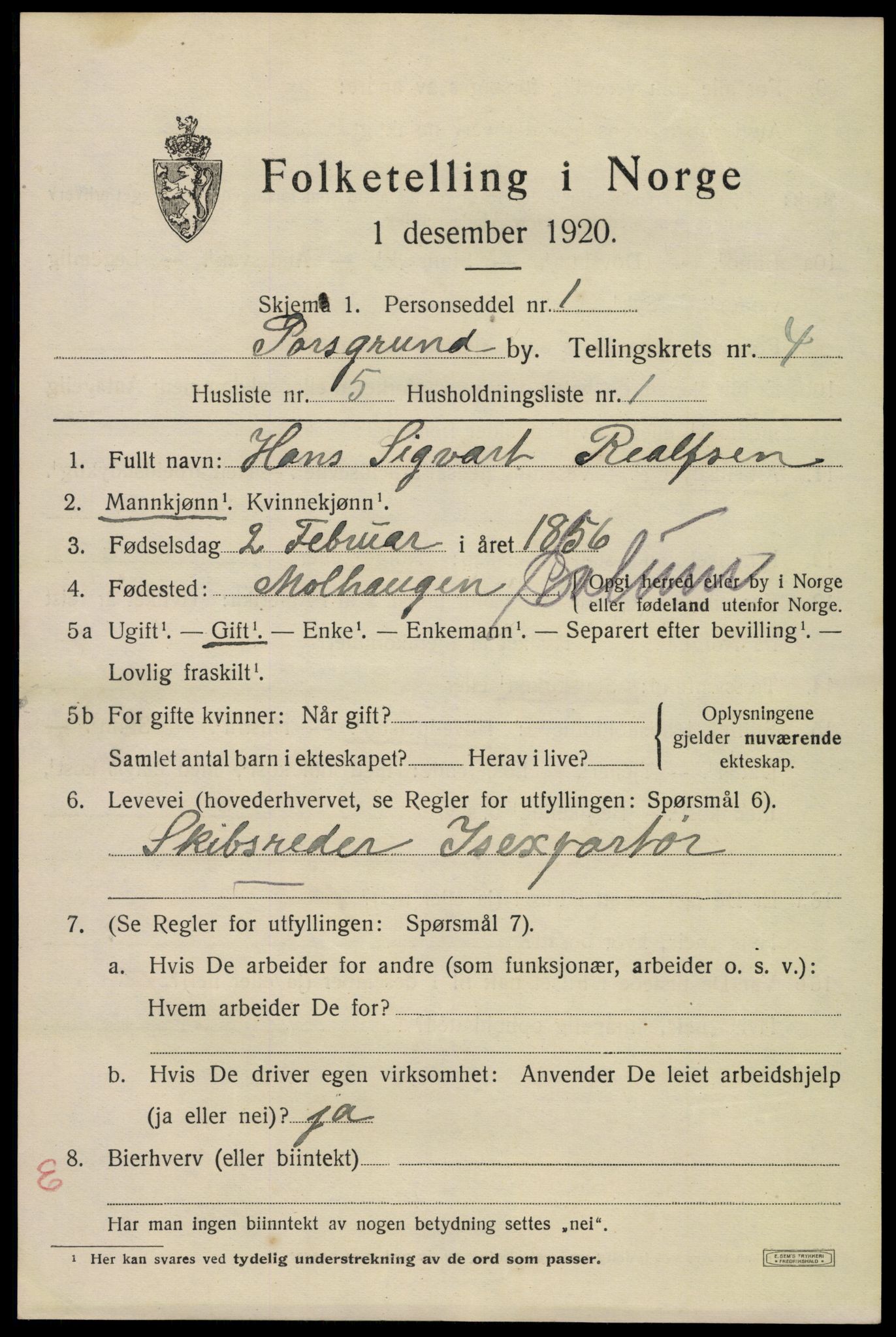 SAKO, 1920 census for Porsgrunn, 1920, p. 18913