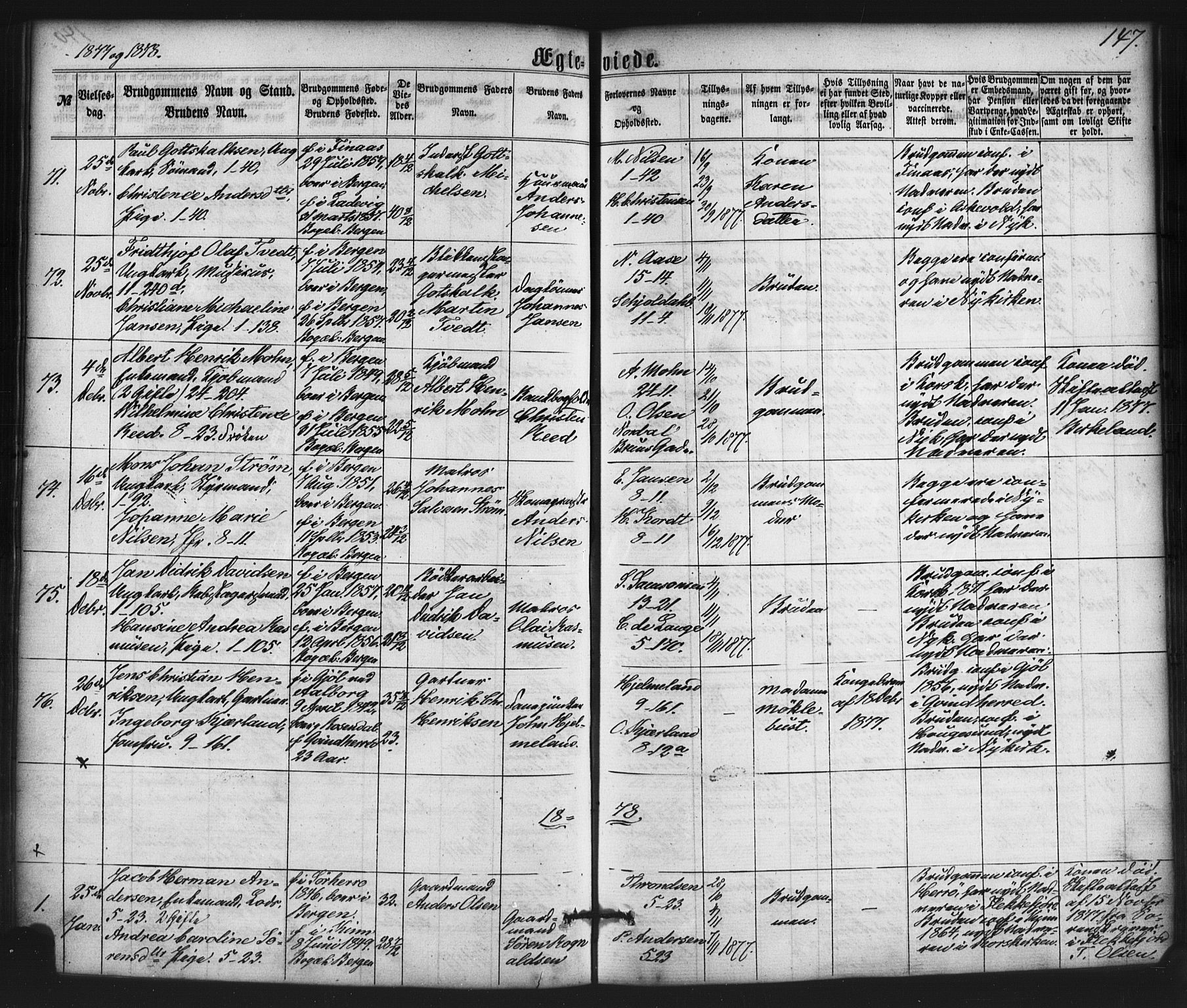 Nykirken Sokneprestembete, AV/SAB-A-77101/H/Haa/L0032: Parish register (official) no. D 2, 1861-1883, p. 147