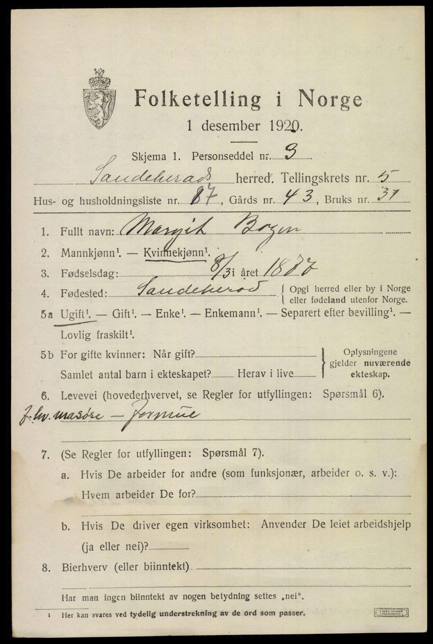 SAKO, 1920 census for Sandeherred, 1920, p. 9238