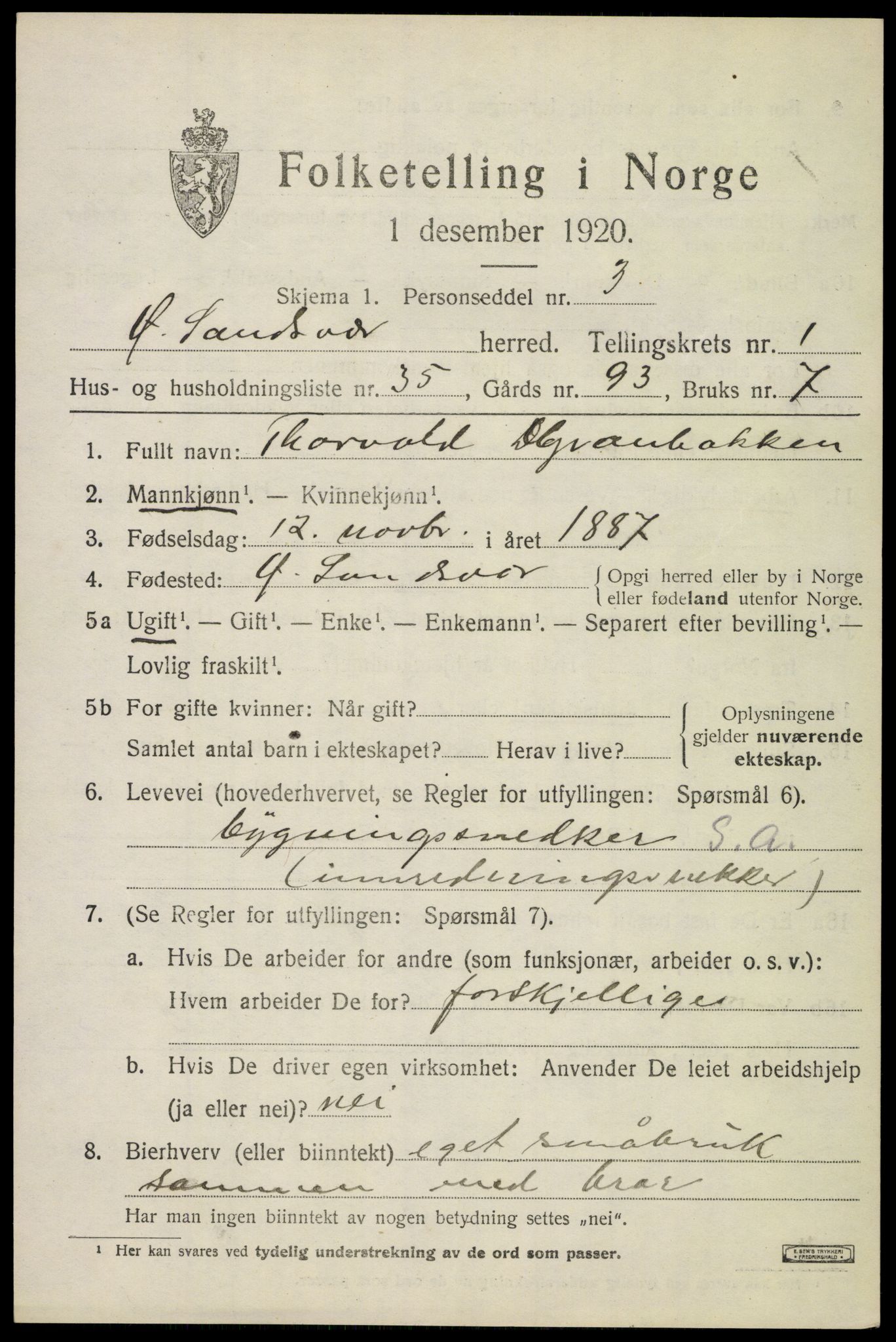 SAKO, 1920 census for Øvre Sandsvær, 1920, p. 1360