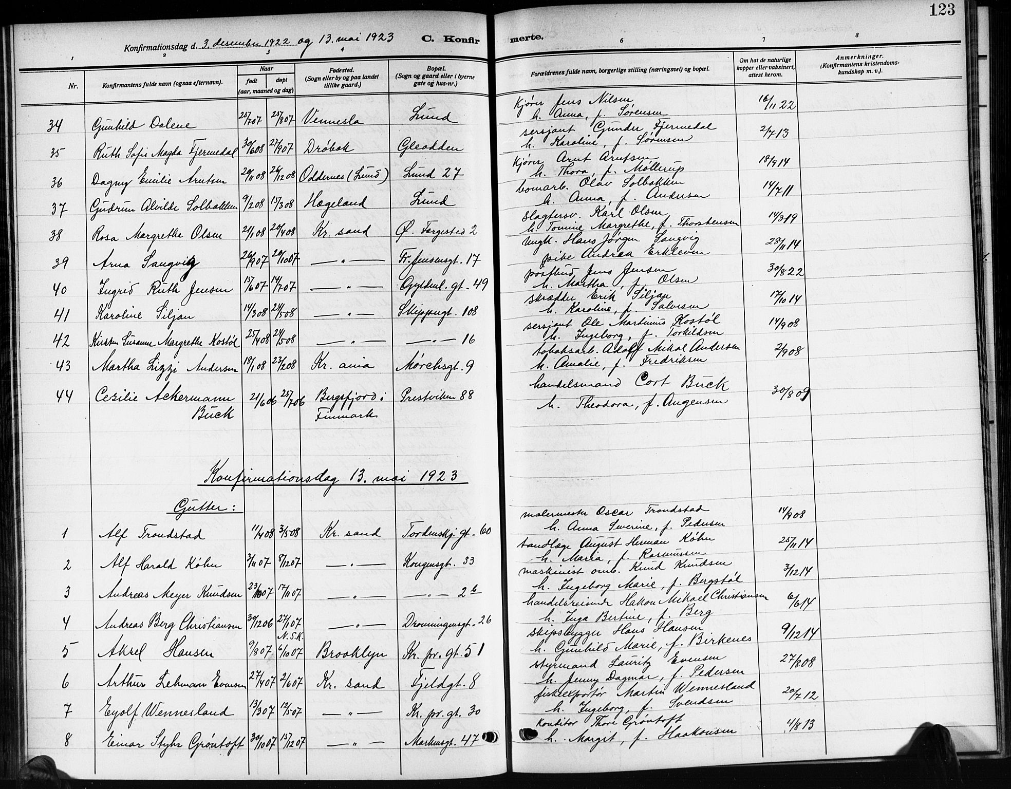 Kristiansand domprosti, SAK/1112-0006/F/Fb/L0022: Parish register (copy) no. B 22, 1915-1925, p. 123