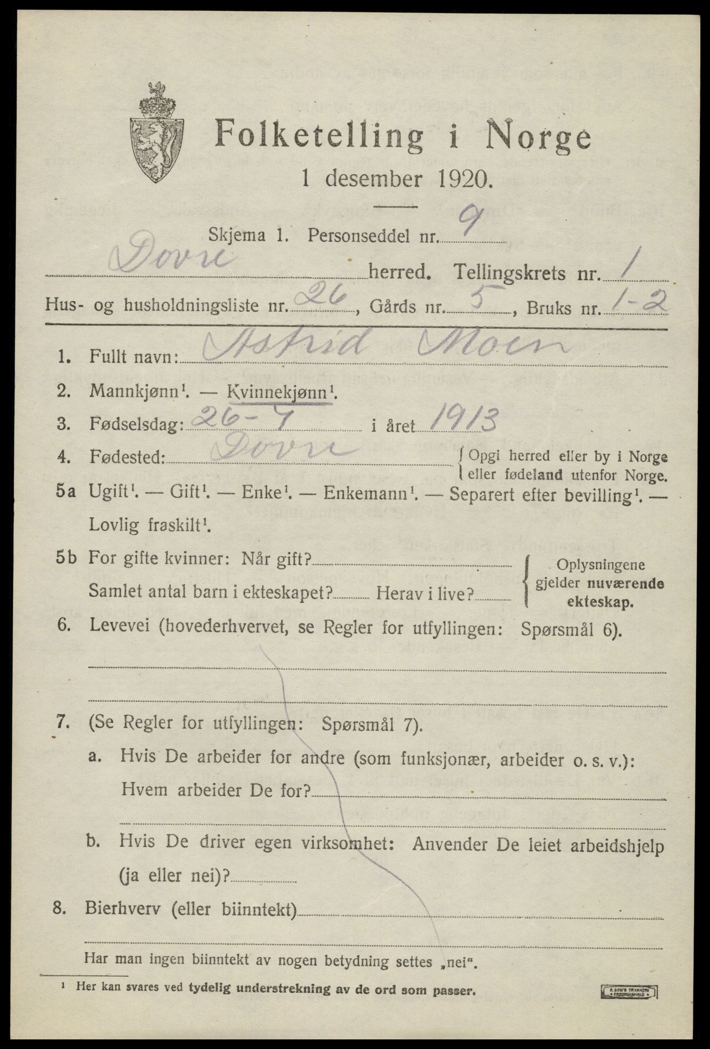 SAH, 1920 census for Dovre, 1920, p. 1246