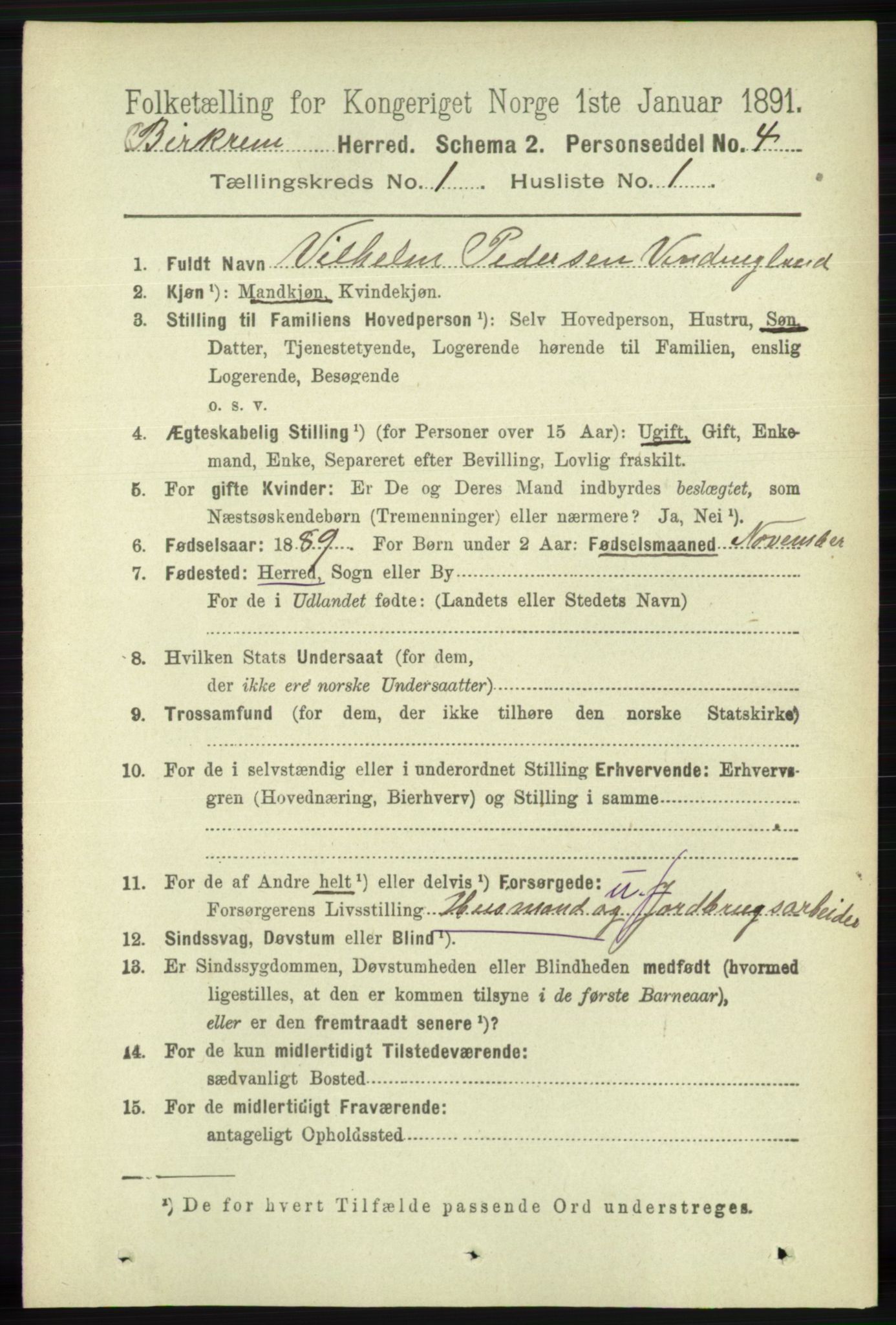 RA, 1891 census for 1114 Bjerkreim, 1891, p. 98