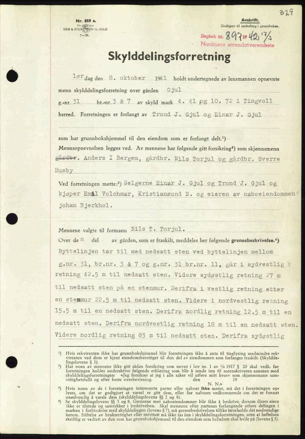 Nordmøre sorenskriveri, AV/SAT-A-4132/1/2/2Ca: Mortgage book no. A92, 1942-1942, Diary no: : 897/1942