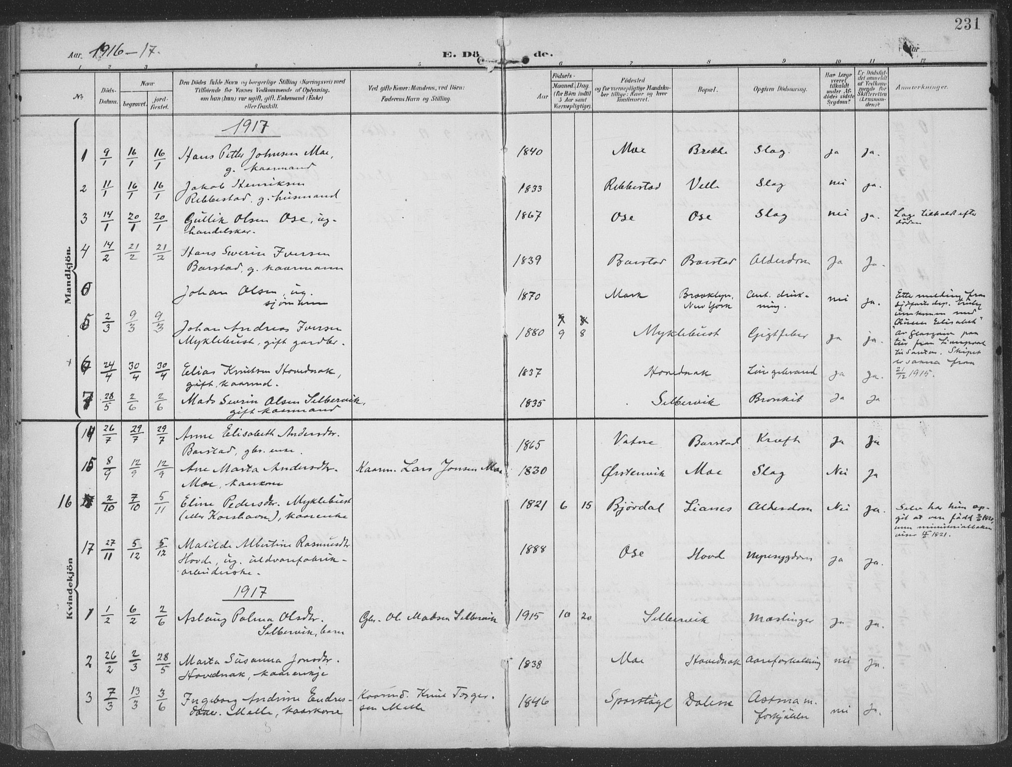 Ministerialprotokoller, klokkerbøker og fødselsregistre - Møre og Romsdal, AV/SAT-A-1454/513/L0178: Parish register (official) no. 513A05, 1906-1919, p. 231