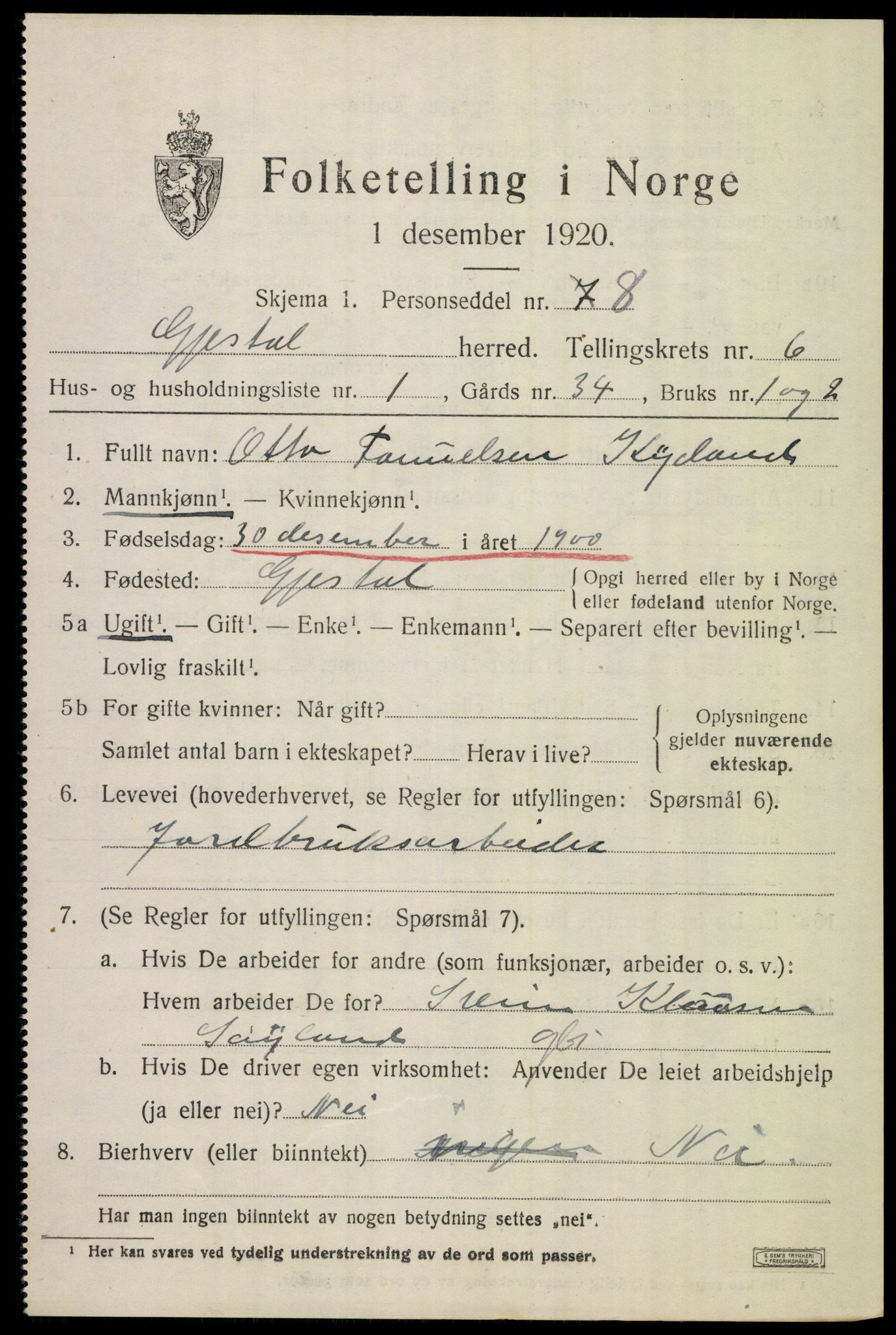 SAST, 1920 census for Gjesdal, 1920, p. 3402