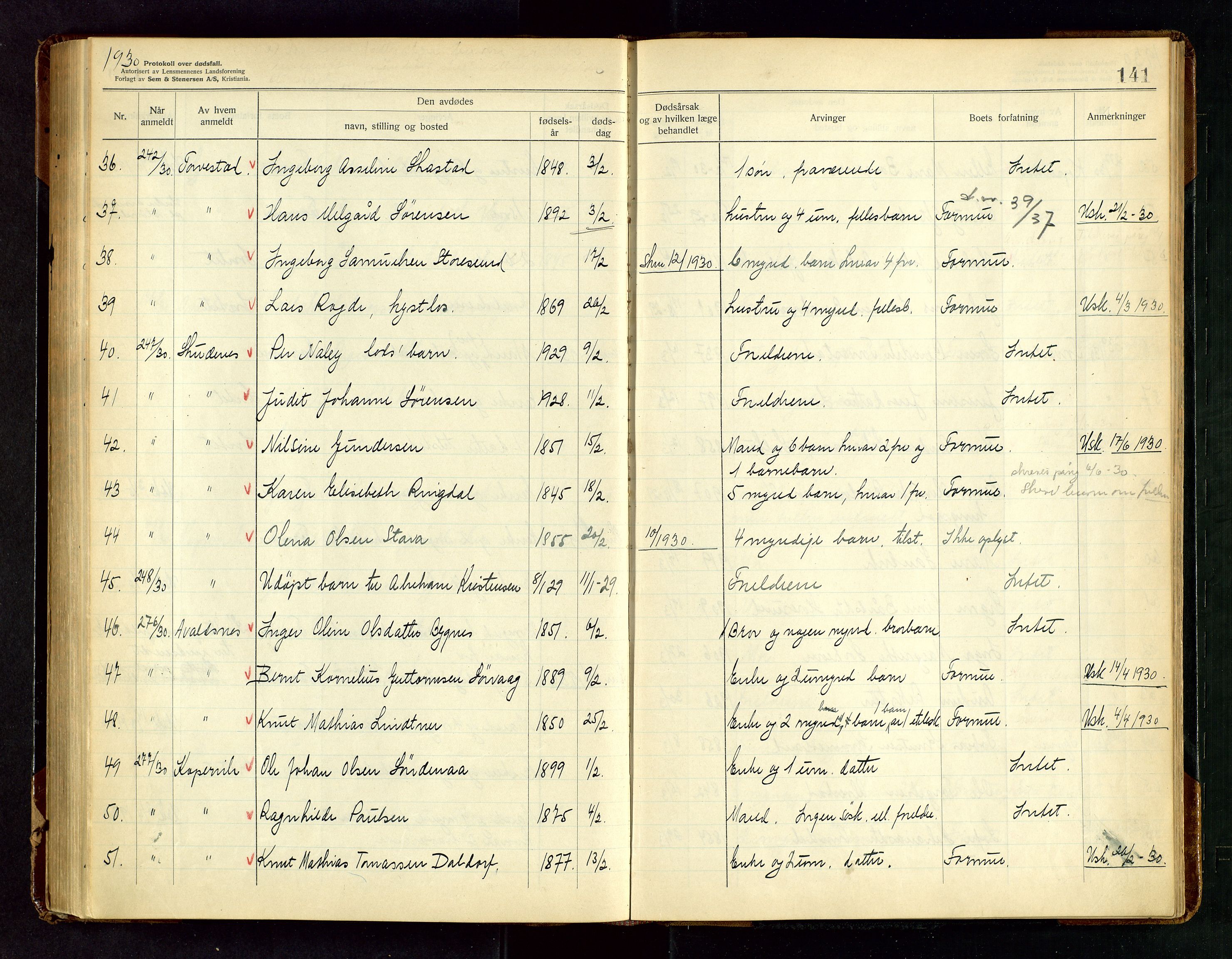 Karmsund sorenskriveri, SAST/A-100311/01/IV/IVAB/L0005: DØDSFALLSPROTOKOLL, 1923-1933, p. 141