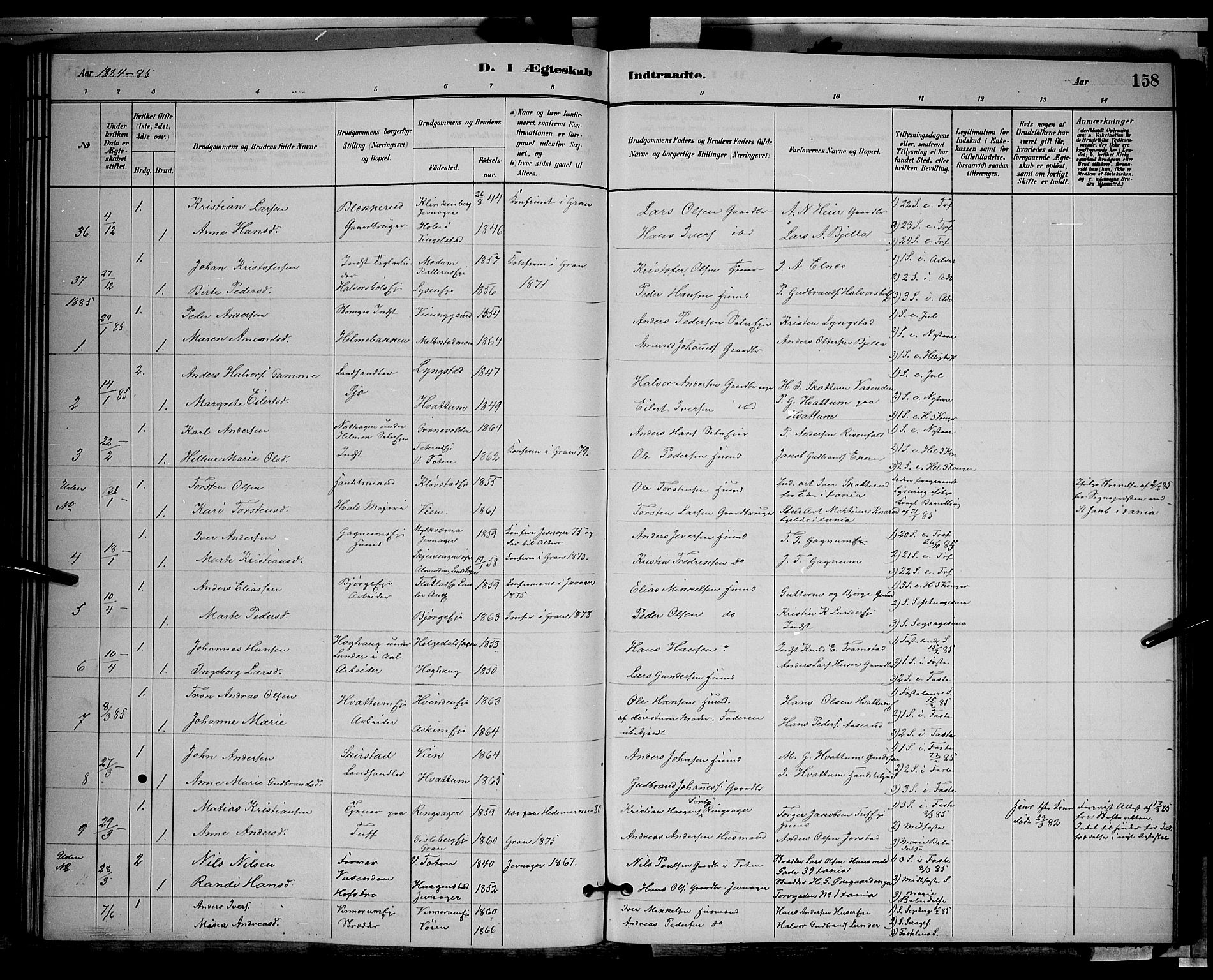 Gran prestekontor, SAH/PREST-112/H/Ha/Hab/L0002: Parish register (copy) no. 2, 1879-1892, p. 158