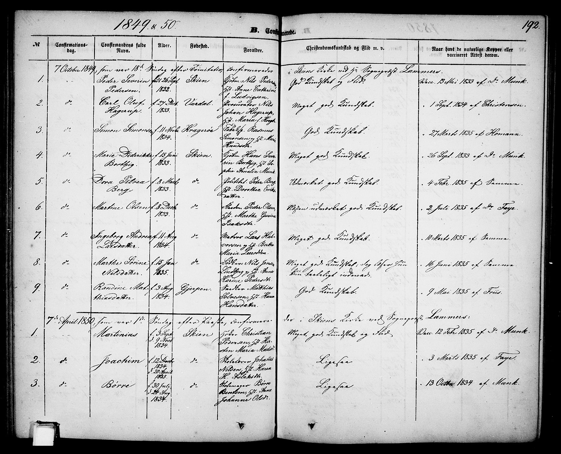 Skien kirkebøker, SAKO/A-302/G/Ga/L0004: Parish register (copy) no. 4, 1843-1867, p. 192