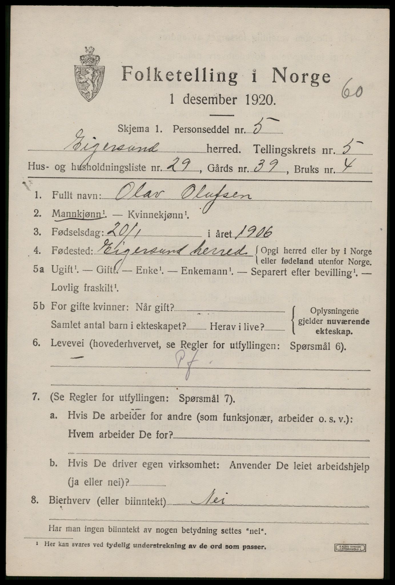 SAST, 1920 census for Eigersund, 1920, p. 3863