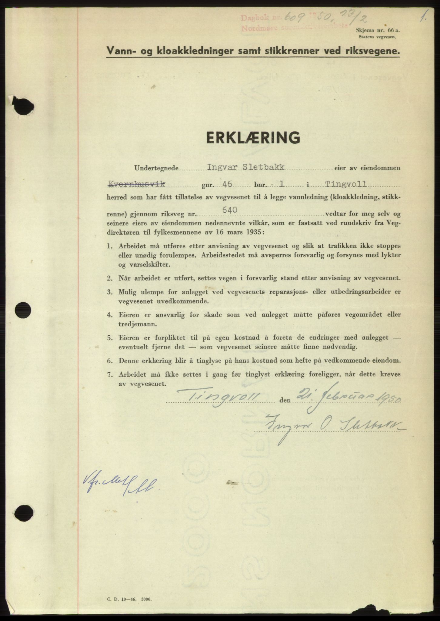 Nordmøre sorenskriveri, AV/SAT-A-4132/1/2/2Ca: Mortgage book no. B104, 1950-1950, Diary no: : 609/1950