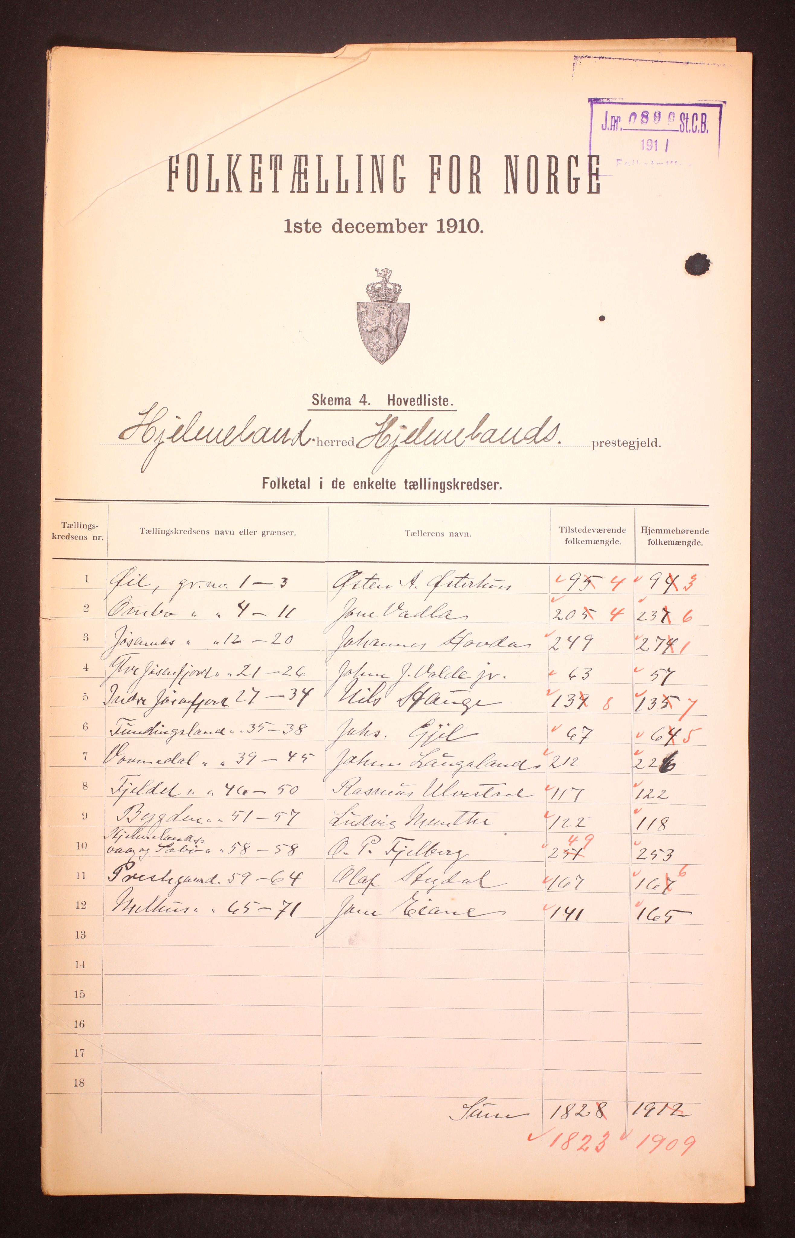 RA, 1910 census for Hjelmeland, 1910, p. 2