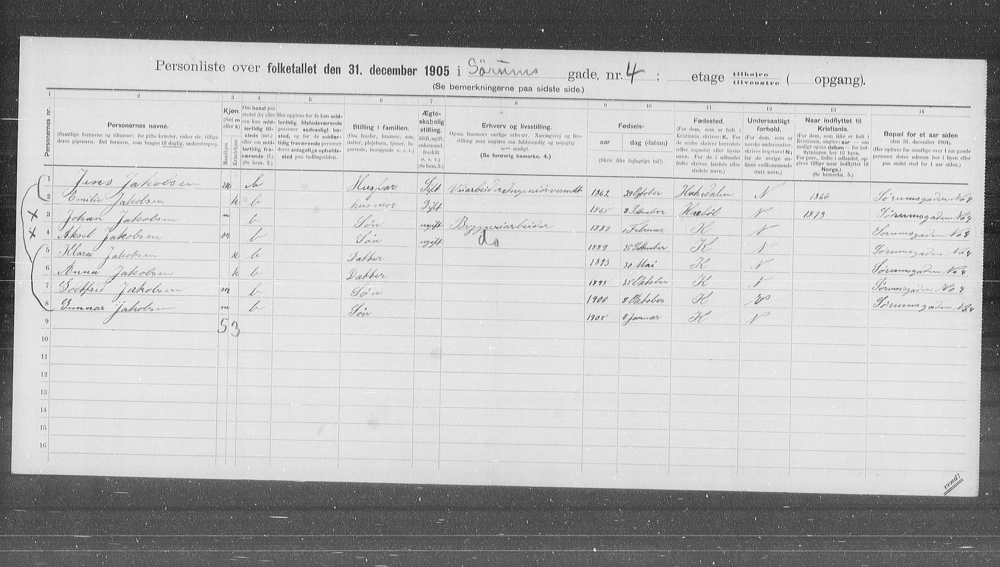 OBA, Municipal Census 1905 for Kristiania, 1905, p. 56000