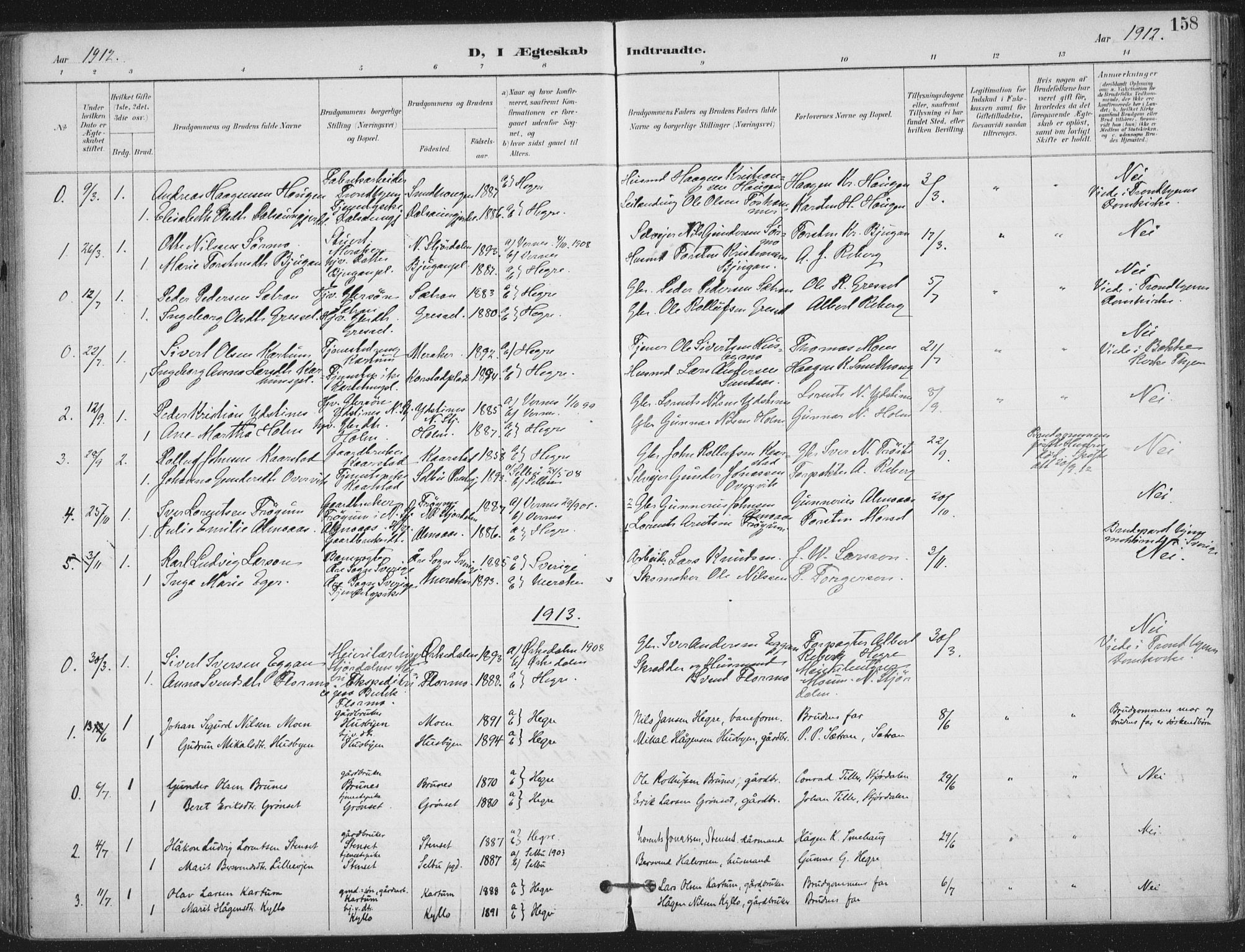 Ministerialprotokoller, klokkerbøker og fødselsregistre - Nord-Trøndelag, SAT/A-1458/703/L0031: Parish register (official) no. 703A04, 1893-1914, p. 158