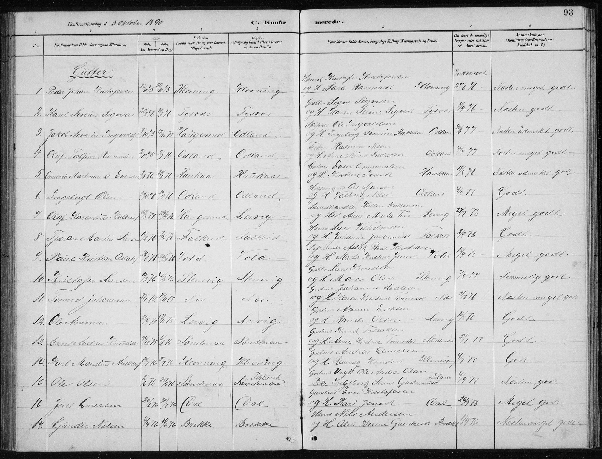 Tysvær sokneprestkontor, SAST/A -101864/H/Ha/Hab/L0004: Parish register (copy) no. B 4, 1883-1896, p. 93