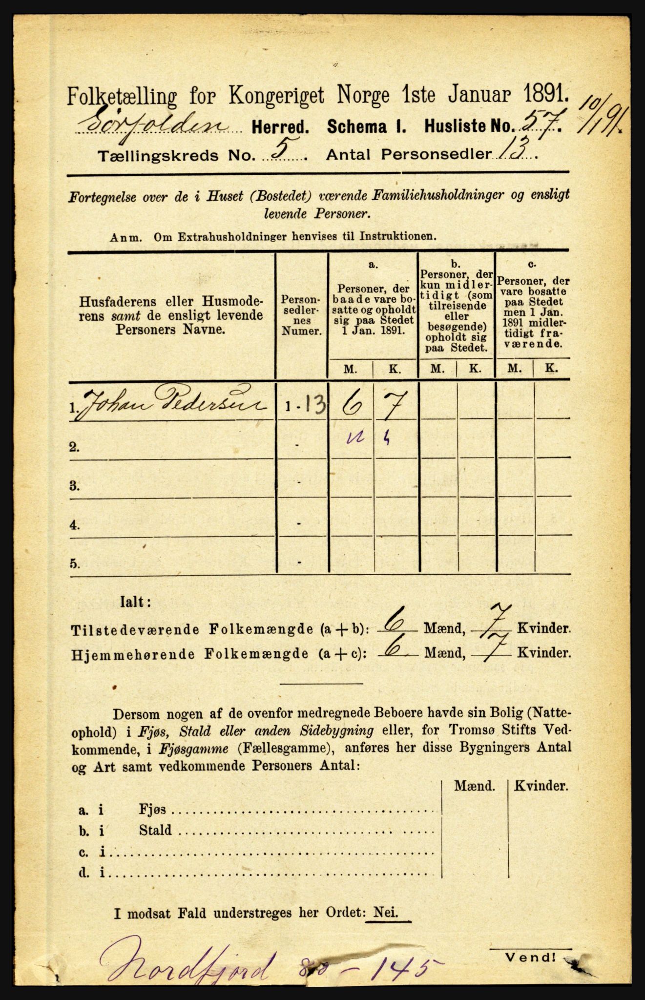 RA, 1891 census for 1845 Sørfold, 1891, p. 1359