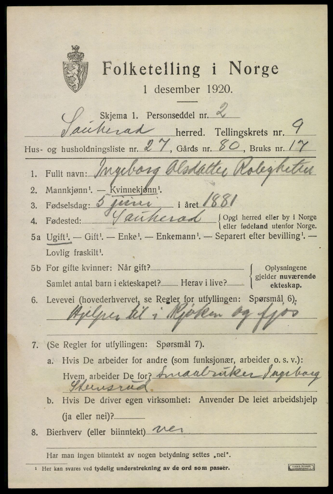 SAKO, 1920 census for Sauherad, 1920, p. 7123